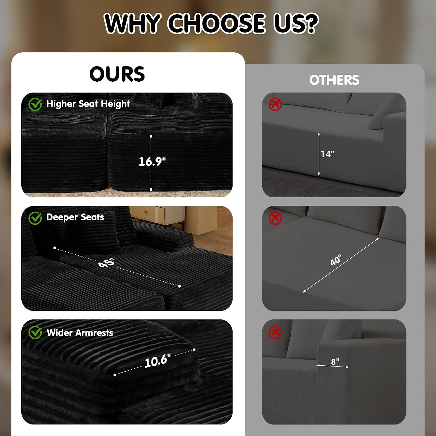 Comparison image showing the higher seat height, deeper seats, and wider armrests of the ovios sofa compared to other models.