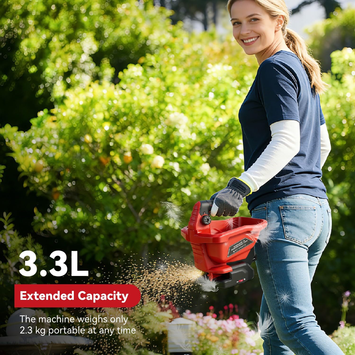 ONEVAN Épandeur sans Fil, Épandeur d'Engrais Électrique 3.3L et Épandeur de Sel de Déneigement avec 6 Niveaux de Réglage, Surface 800 m², 2×1.5Ah Batteries, Épandeur Manuel pour Engrais, Semences