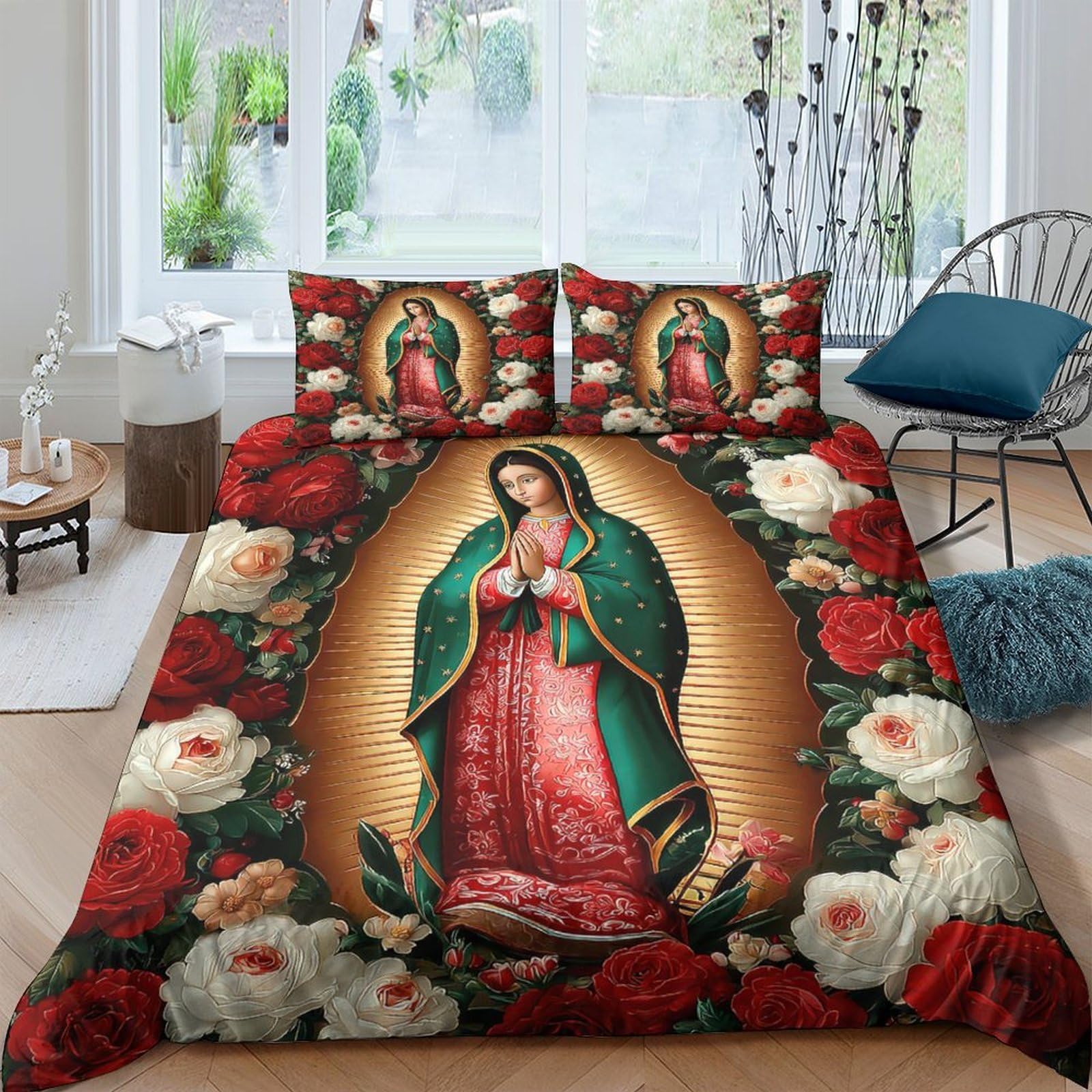 Ctjqhvkz Style-1 3D Printed Virgin Mary Roses Fitted Sheet Microfiber Red Floral Bed Cover For Bedroom Guest Room Decor Dorm Single（135X200cm）