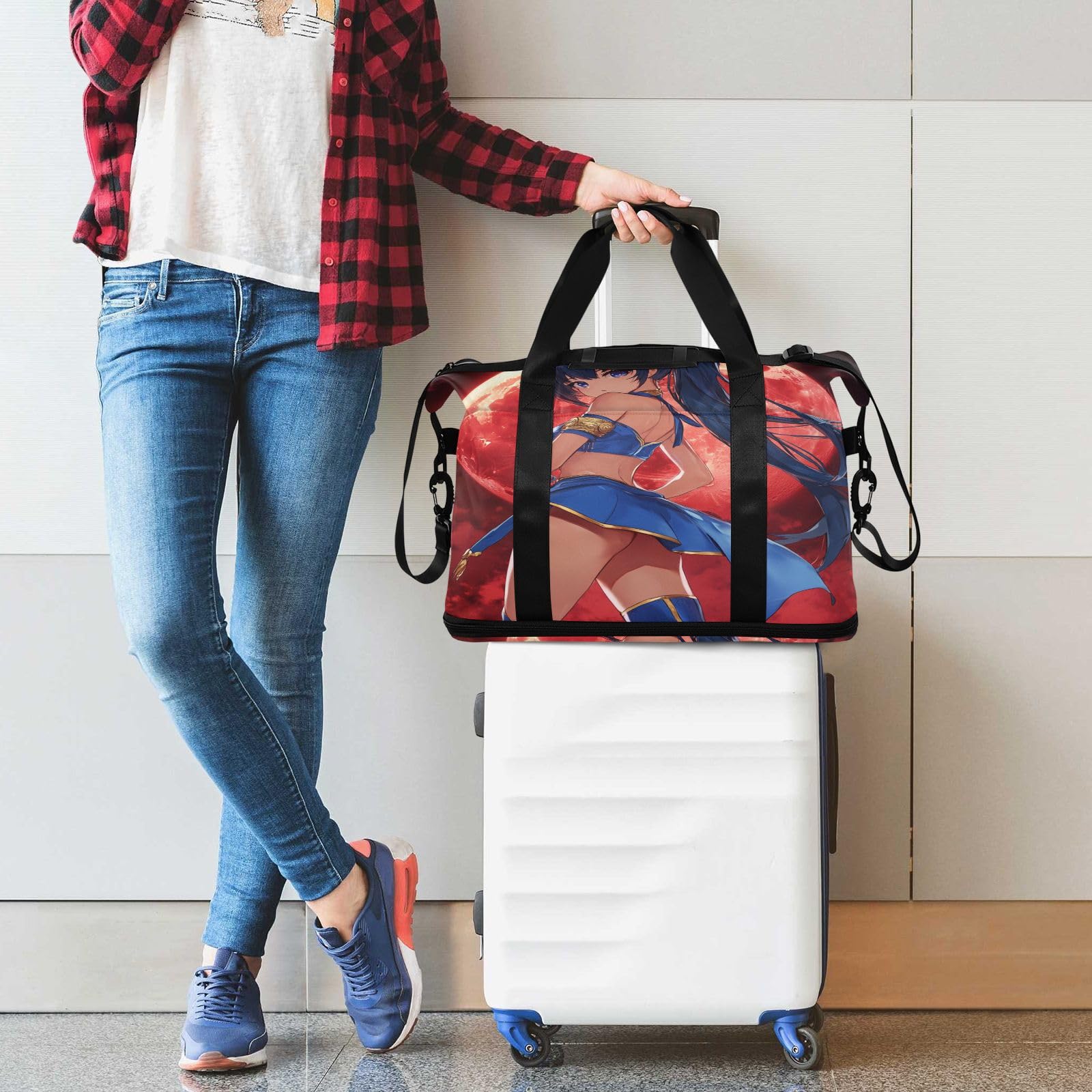 Bolsas de viaje de estilo anime, con fondo de luna roja, con bolsillo mojado, correa ajustable, para gimnasio, para viaje, juego de 2 piezas para hombres y mujeres