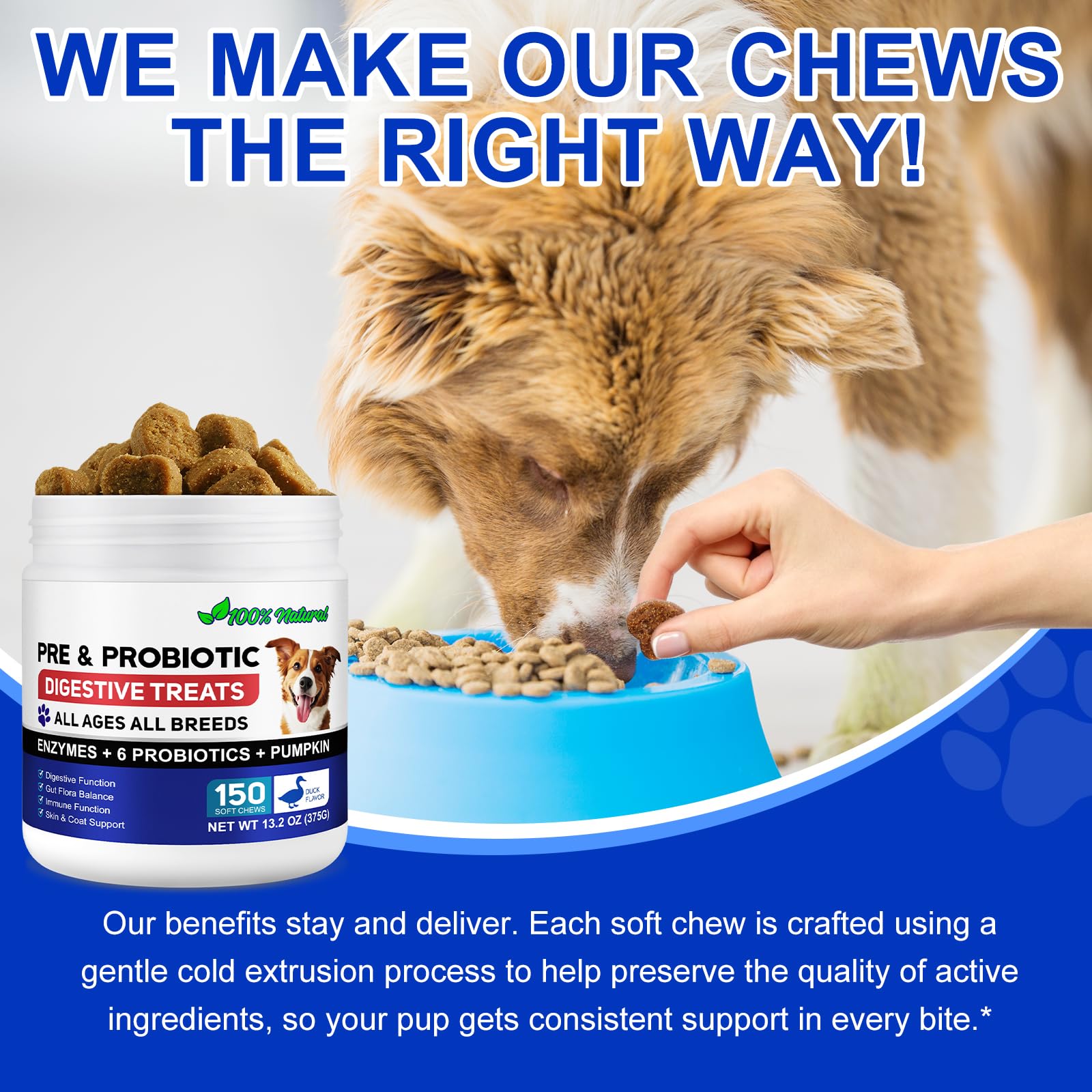 Probióticos para perros, 150 probióticos para la salud intestinal de los perros, pre y probióticos para el apoyo a la salud digestiva del perro, aumenta la salud intestinal y la inmunidad, sabor a