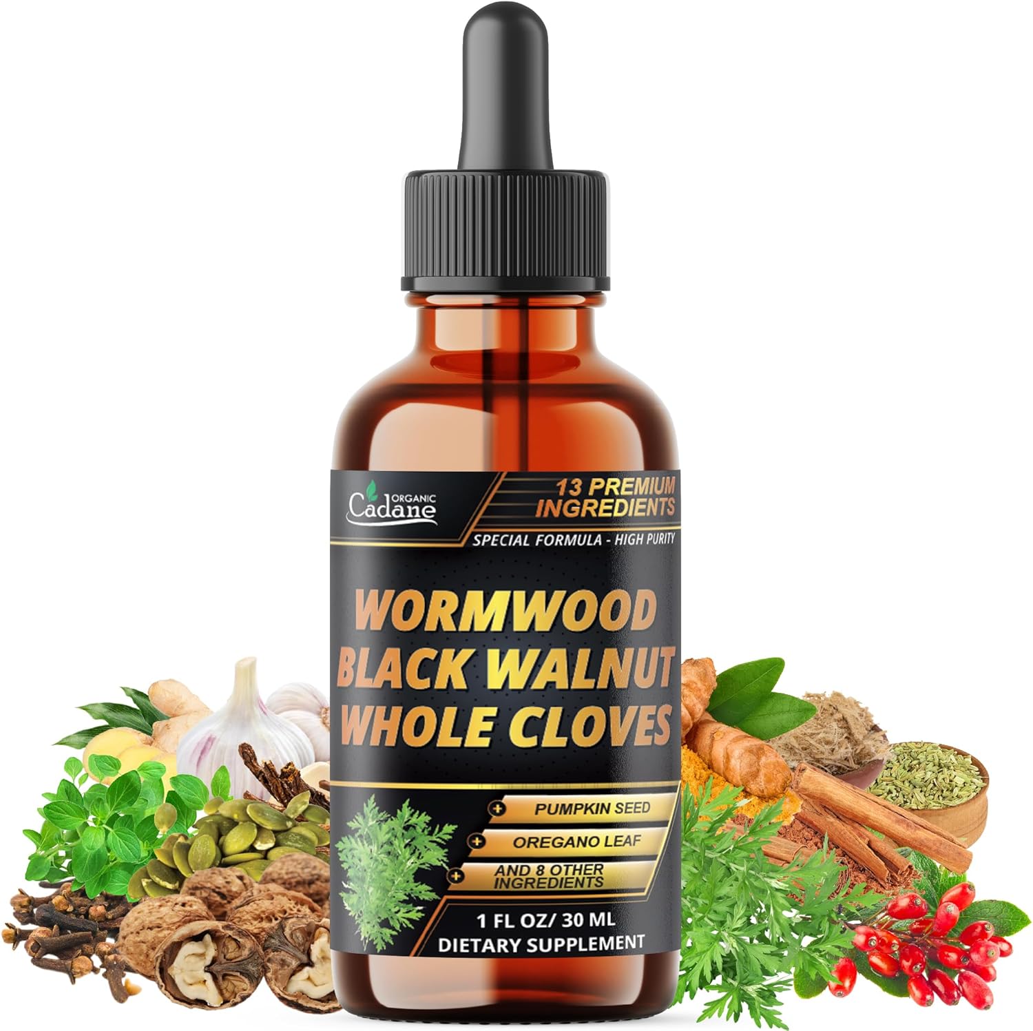 13in1 Wormwood Liquid Drops – Immune Support & Digestive with Black Walnut, Cloves, Berberine, Turmeric, Ginger, Ceylon Cinnamon, Oregano, Garlic & More – 1ml/30ml – 1 Month Supply