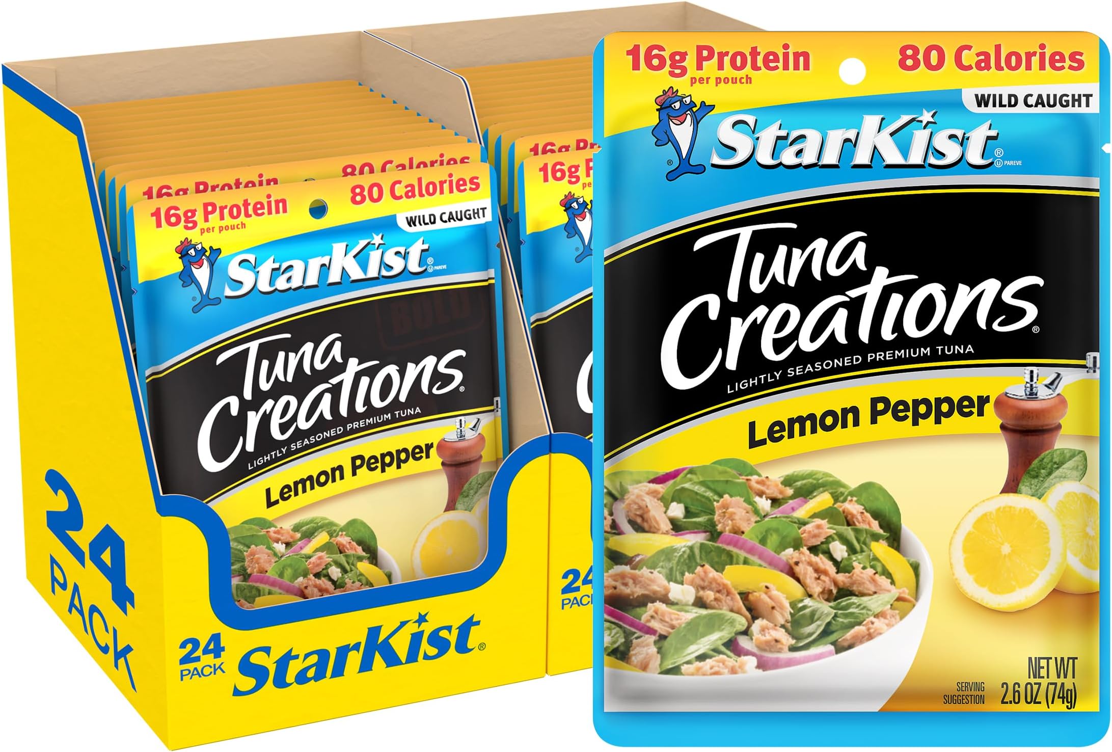 Tuna Creations Lemon Pepper Pouch (2.6 oz - 24 Pack) Wild Caught, High Protein Shelf Stable Seafood, Gluten Free, Soy Free, No Draining, Ready to Eat for Salads and Sandwiches