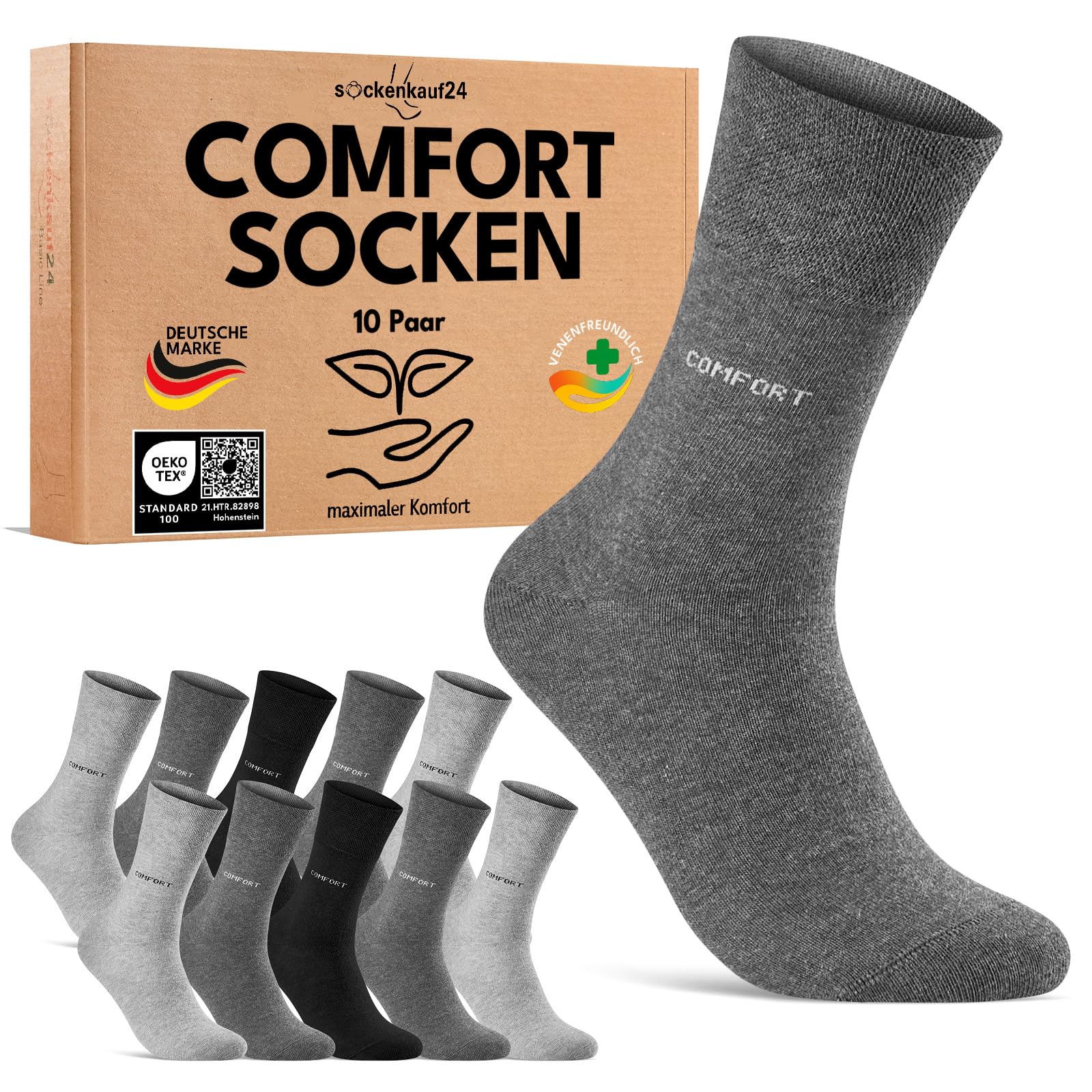 sockenkauf24 10 Paar Comfort Socken ohne Gummibund & ohne Naht für Damen & Herren Gesundheitssocken ohne Gummi mit Komfortbund