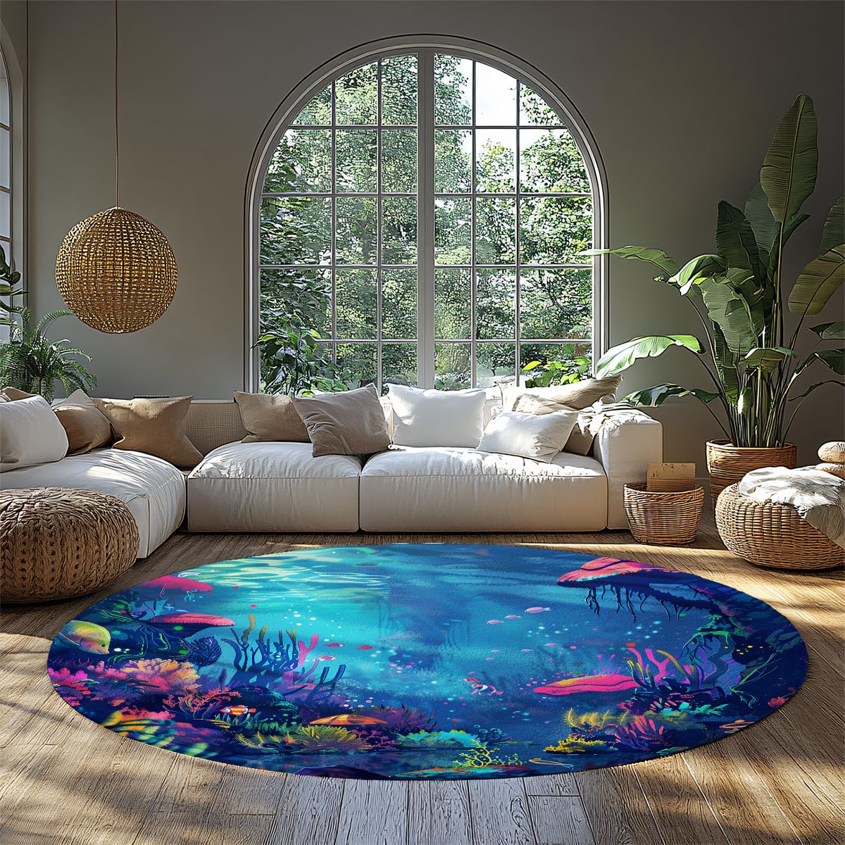 Blaue runde Teppiche 100cm Cartoon Unterwasser Korallen Fisch Szenerie Abwaschbarer Rutschfester Rücken mit niedrigem Florwurf Kreis Teppich für das Bett des Gästezimmers