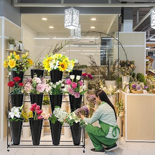 Miniatura 7 de Soporte de exhibición de flores con ruedas, soporte para plantas de hierro para interiores y exteriores, 3 capas de 12 barriles, soporte