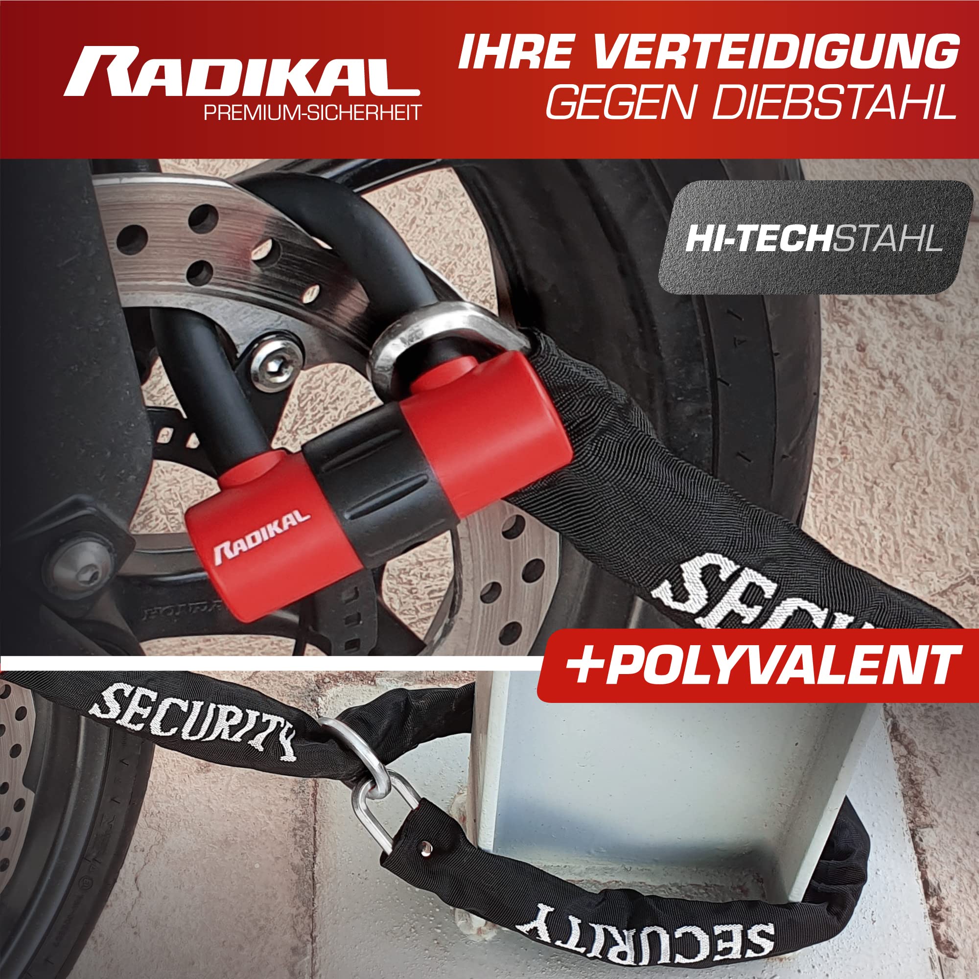 RADIKAL RK72120L Diebstahlsicherung Motorrad 2 in 1 Doppelfunktion Kettenschlaufe 120 cm und Mini U Bügelschloss 14mm Bremsscheibenschloss