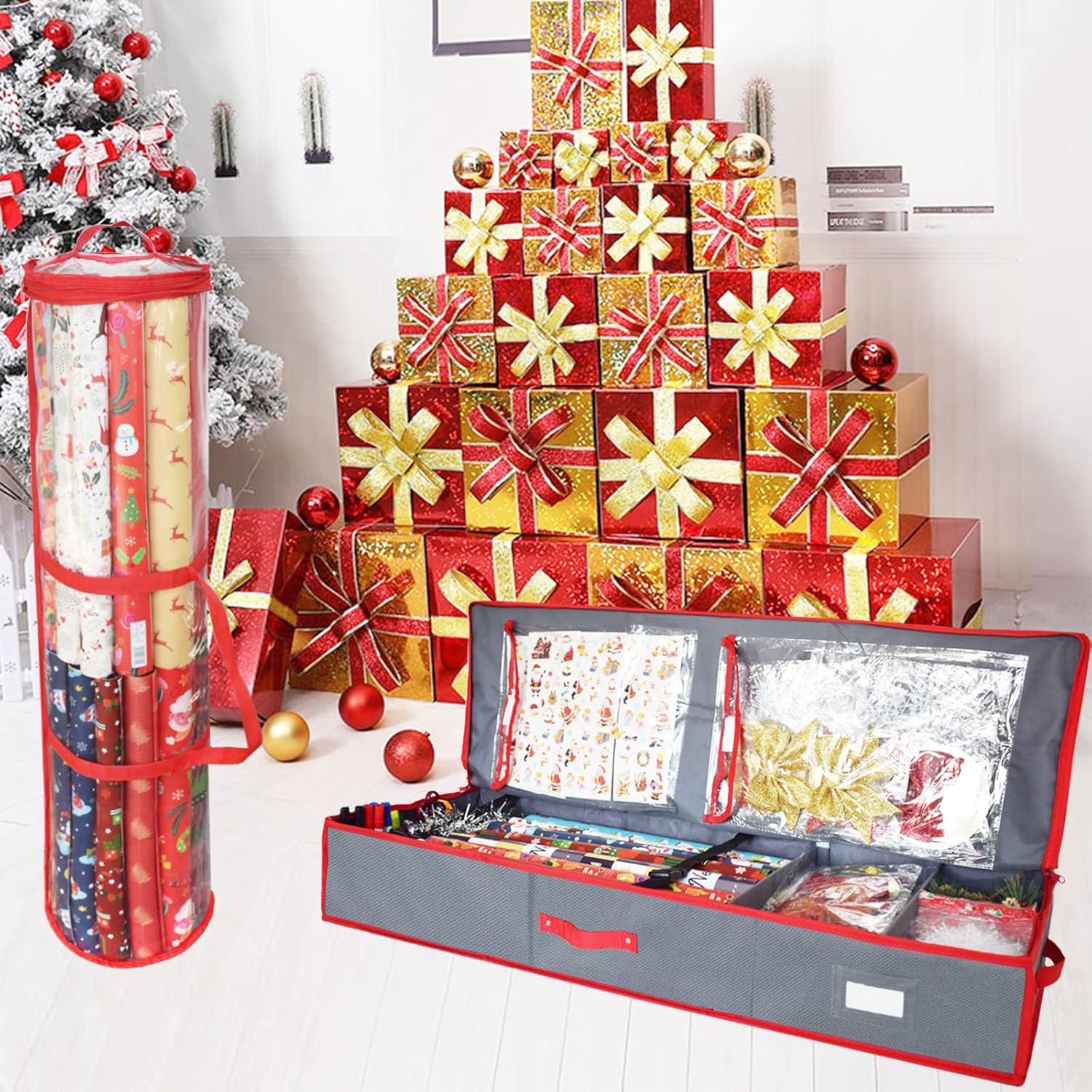 homyfort Christmas Wrapping Paper Storage Box Oxford Cloth & Gift Wrap Organizer Bag,fits 27-40 Inch Standard Rolls with Section, 40.5” Long Underbed Storage for Holiday Decorations(Grey and Red) : Home & Kitchen