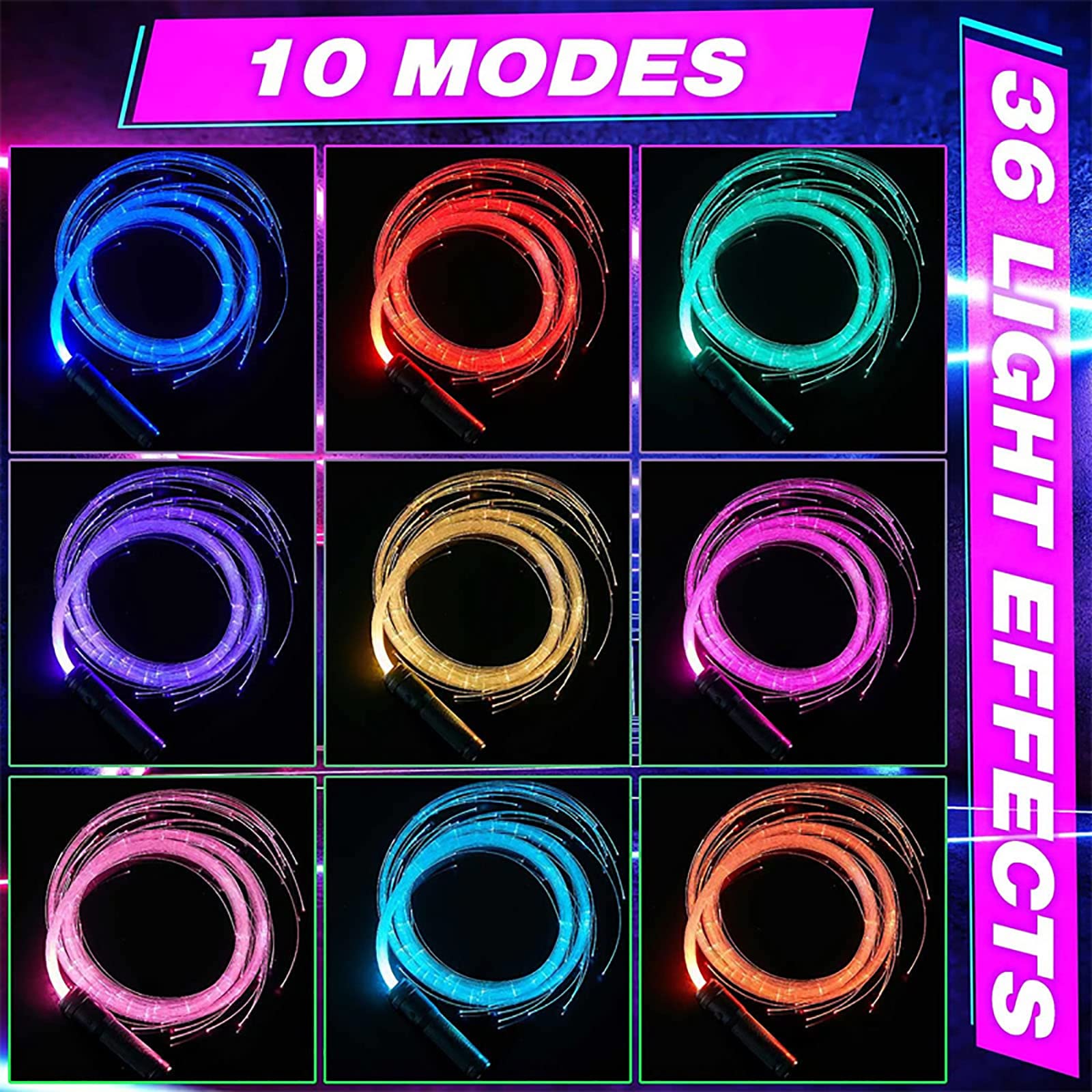 Látigo espacial de baile giratorio de 360°, 1 látigo de fibra óptica LED, luz superbrillante, modo de efecto de 36 colores para Navidad, baile, fiestas, espectáculos de luces, festivales de música