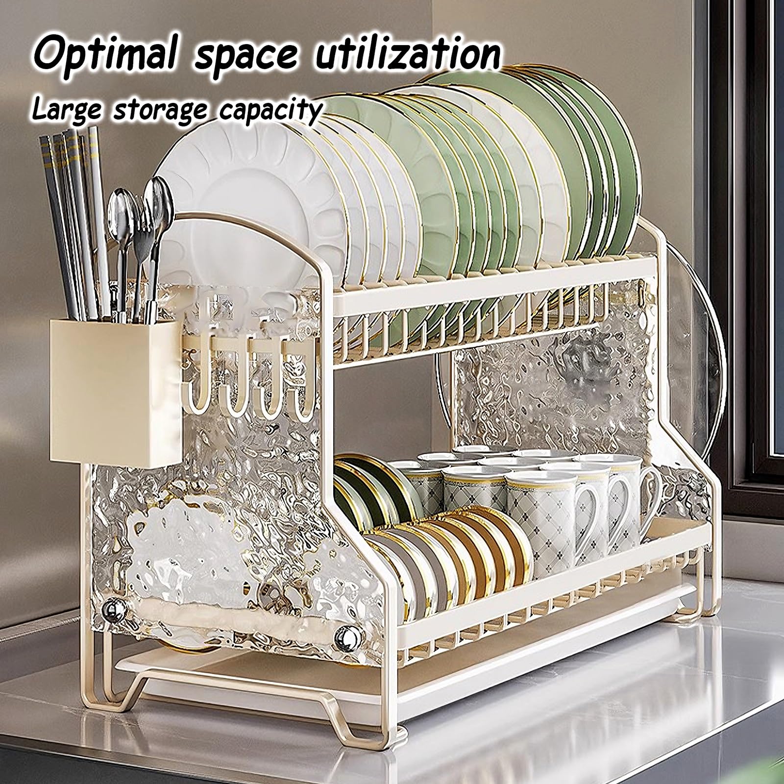 Scolapiatti da Appoggio per Lavello con Porta-bacchette Acciaio ai Carbonio Portaposate Scolaposate a 2 Ripiani Organizzatore Cucina per Appartamenti e Case(42 * 25 * 29.5cm)