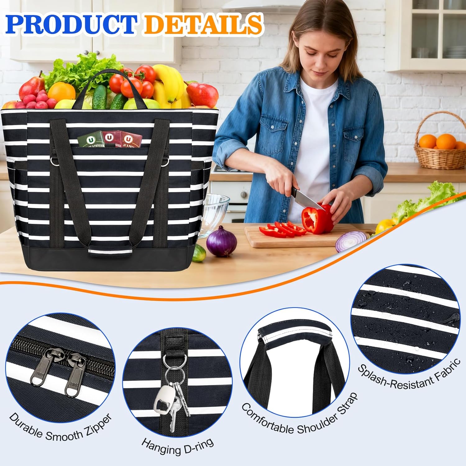 HUANLANG Soft Cooler Bag Insulated for Travel,Large Insulated Grocery Bags with Zippered Top,PEVA Collapsible Food Delivery Cooler Bag for Beach, Travel, Picnics