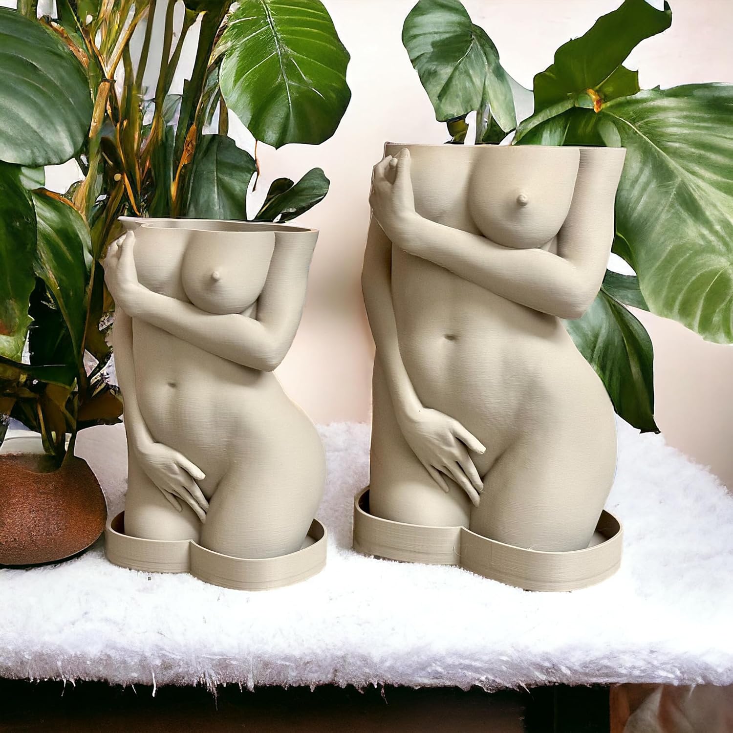 Female Body Planter, Shy Woman Plant Pot, Body Vase, Plant Lover Gift with Drainage Hole and drip Tray (Warm Gray Color) (Large)