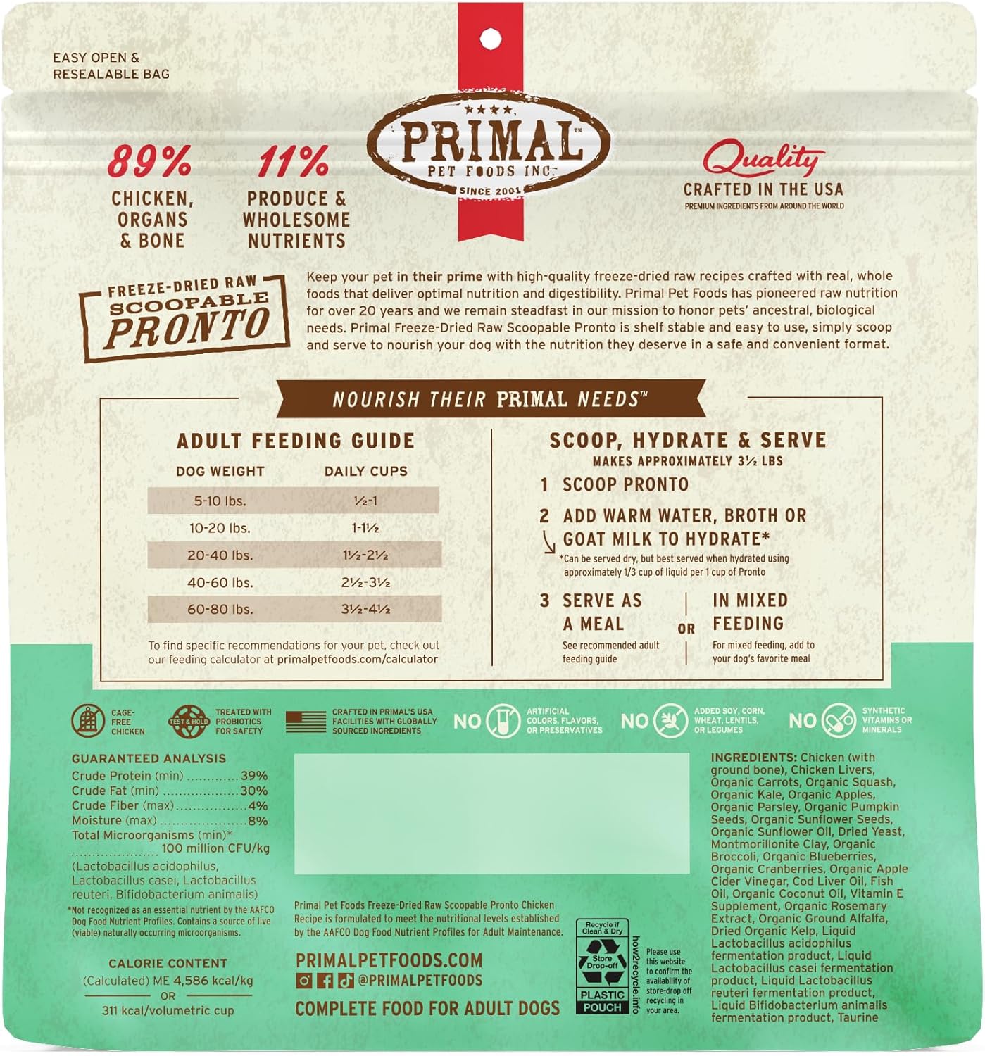 Primal Freeze Dried Dog Food, Pronto Mini Nuggets, Chicken; Scoop & Serve, Complete & Balanced Meal; Also Use As Topper or Treat; Premium, Healthy, Grain Free, High Protein Raw Dog Food (25 oz)