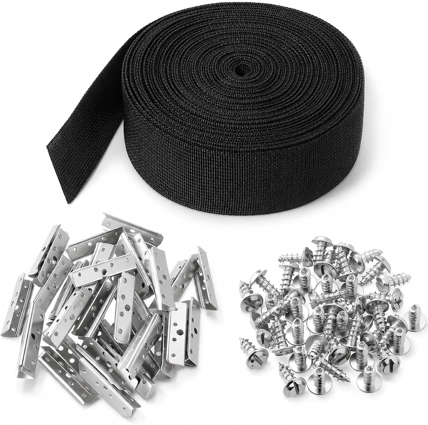 2 Inch×40 Ft Chair Webbing Replacement Kit, Heavy Duty Webbing for Lawn Chairs Thickened with 40 Pack Accessories Chair Webbings for Repairing Sagging Sofas, Patio Chairs and Furniture-Black