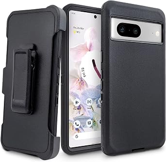 Drop-Protect Polycarbonate Case with 360-Degree Swivel Belt-Clip Holster & Built-in Screen Protector for Google Pixel 7 Black
