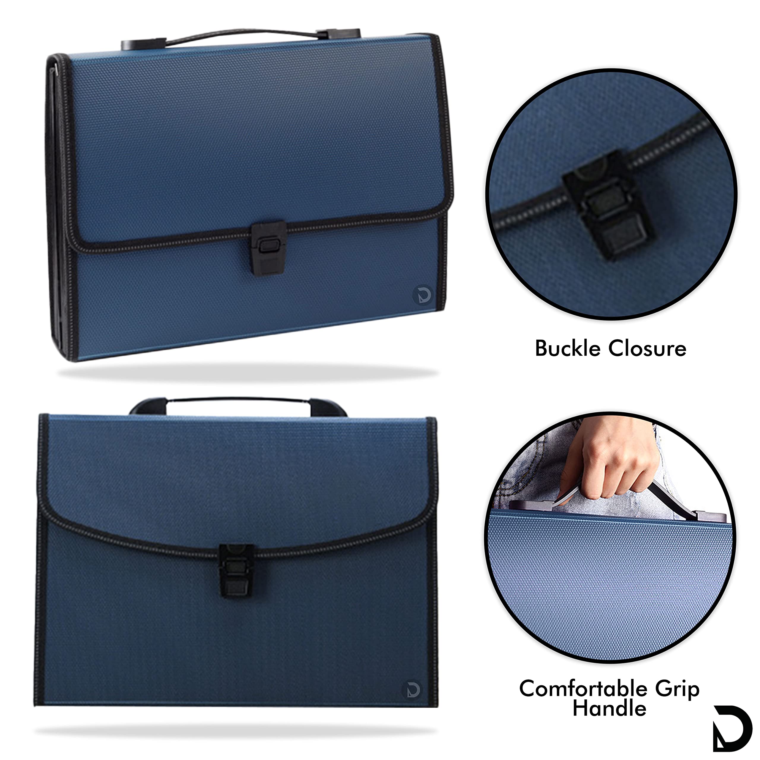 DaKos Cartella portadocumenti espandibile di alta qualità, cartella portadocumenti con impermeabile, formato A4, con 12 tasche con fibbia resistente e manico portatile, per ufficio (blu)