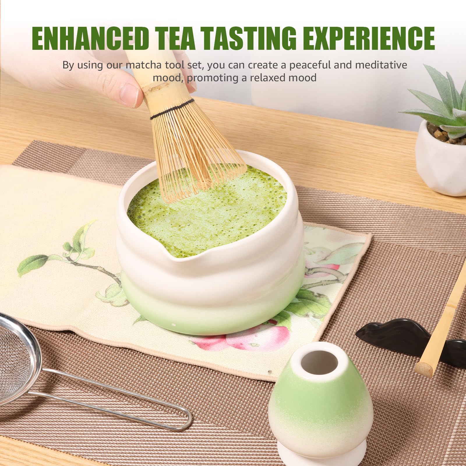 Juego de batidores de matcha – Juego de 7 piezas para hacer té japonés con cuenco matcha, batidor de bambú y soporte de cerámica, tamiz de batidor de acero inoxidable, paño de cocina