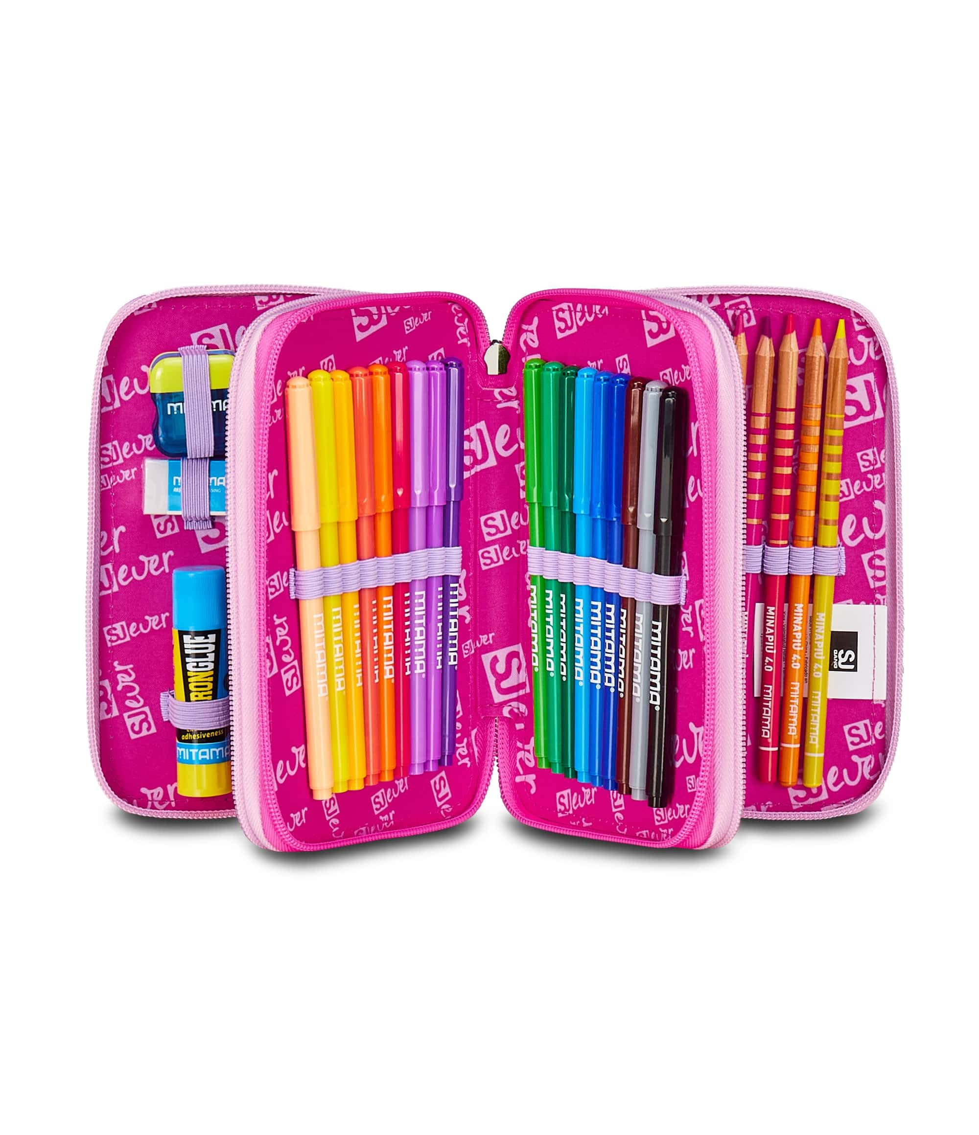 SJ GANG STYLE JAM GANG Astuccio Scuola 3 Zip Sj Ever, Fucsia, Portapenne Triplo Scomparto Completo Di Penne, Matite, Colori, Accessori Zaino, Scuola Elementare, Bambina