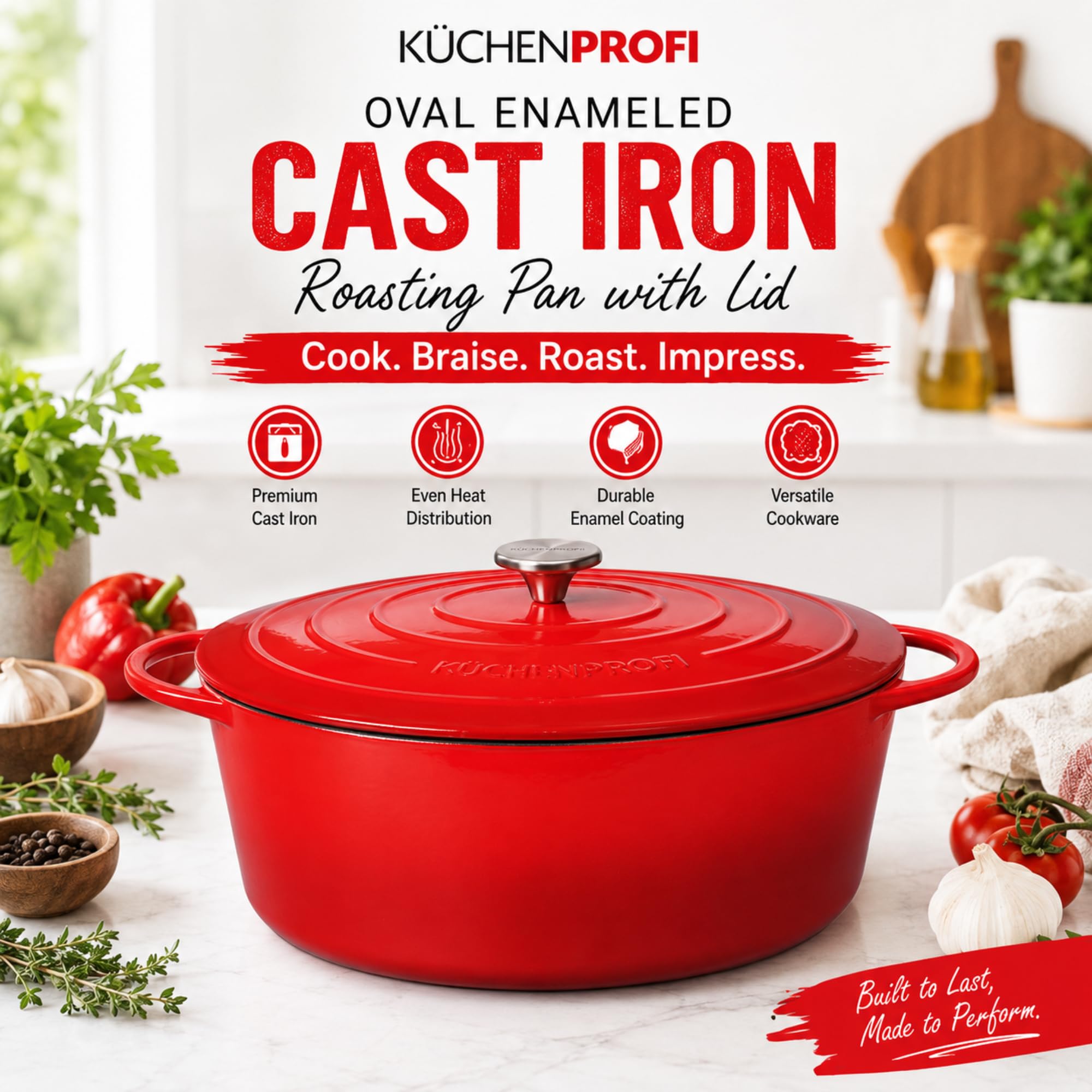 Küchenprofi Gusseisen Bräter mit Deckel, rot/innen schwarz, 35 cm, Schmortopf, Auflaufform, Dutch Oven, Brotbacktopf, emailliert, für alle Herdarten(inkl. Induktion), zum Schmoren, Backen, Braten
