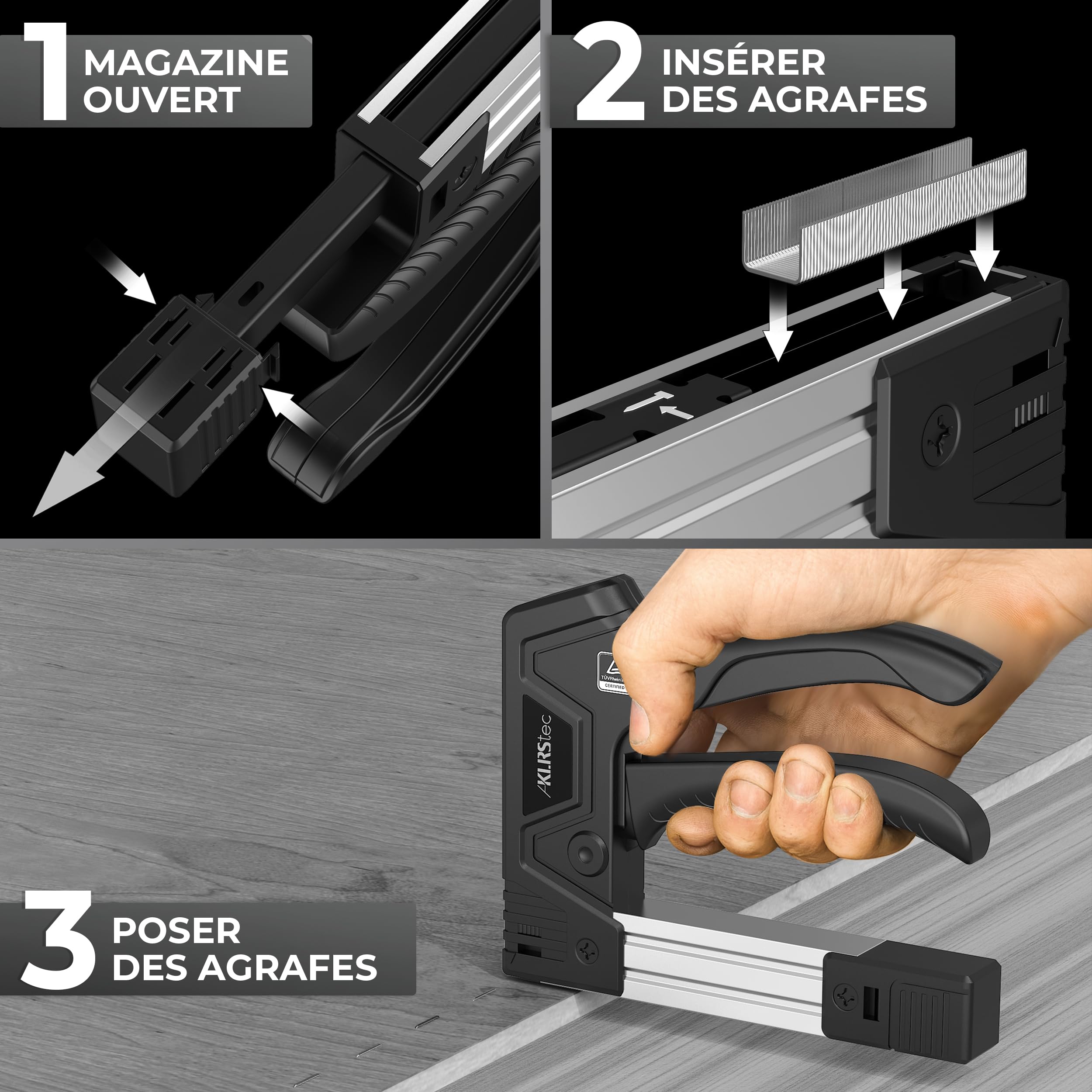 KLRStec TackPro Agrafeuse Manuelle – Tacker à Gâchette par Traction – Agrafeuse Bois & Tissu – Pistolet à Agrafes avec 2000 Agrafes Type D & T – Ergonomique, Puissante & Durable