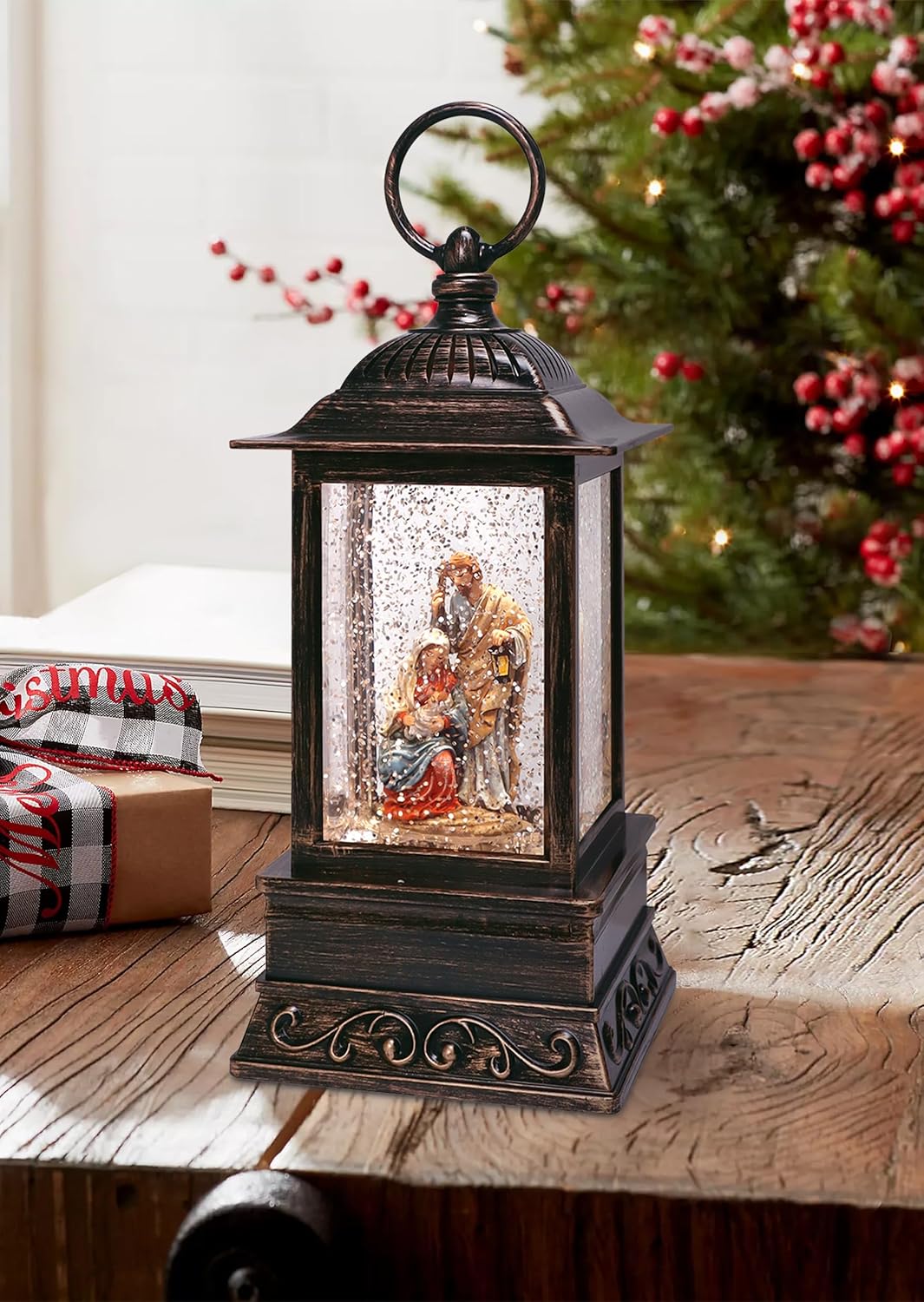 Nativity Snow Globe Lantern with Blowing Glitter - 10 inch Christmas Decoration with Battery Powered LED Light - Indoor Winter Tabletop Decor - Bronze - Image 3