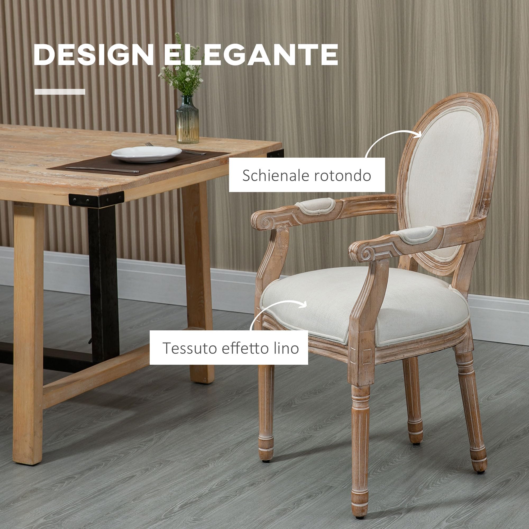 HOMCOM Sedia da Pranzo in Legno Imbottita con Braccioli Bianco Crema