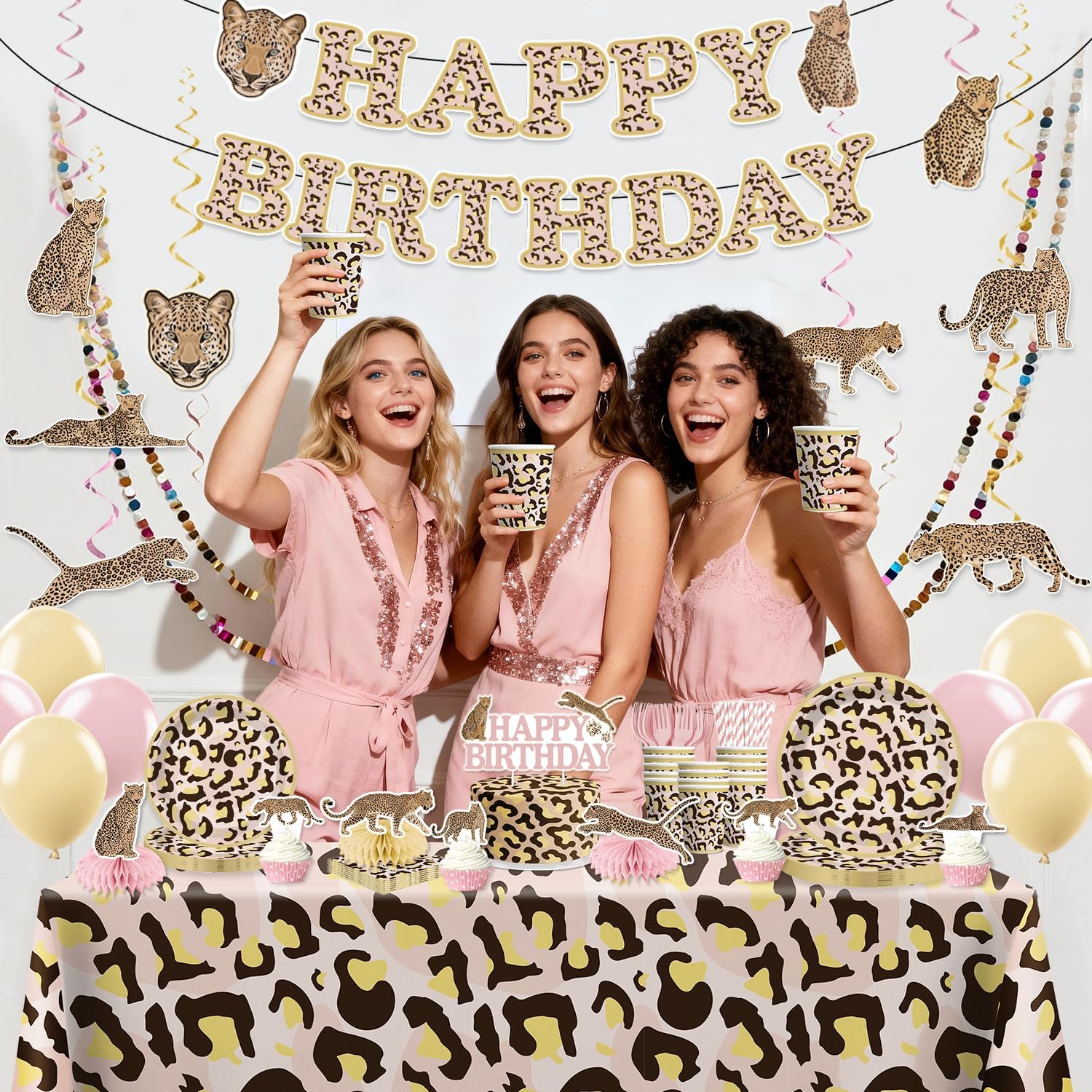 Cheetah Birthday Decorations, Leopard Party Animal Theme Tableware Cheetah Print Banner, Balloons, Cake Toppers, Pink and Cheetah Party Plates and Napkins Set with 2Pcs Tablecloth for Birthday
