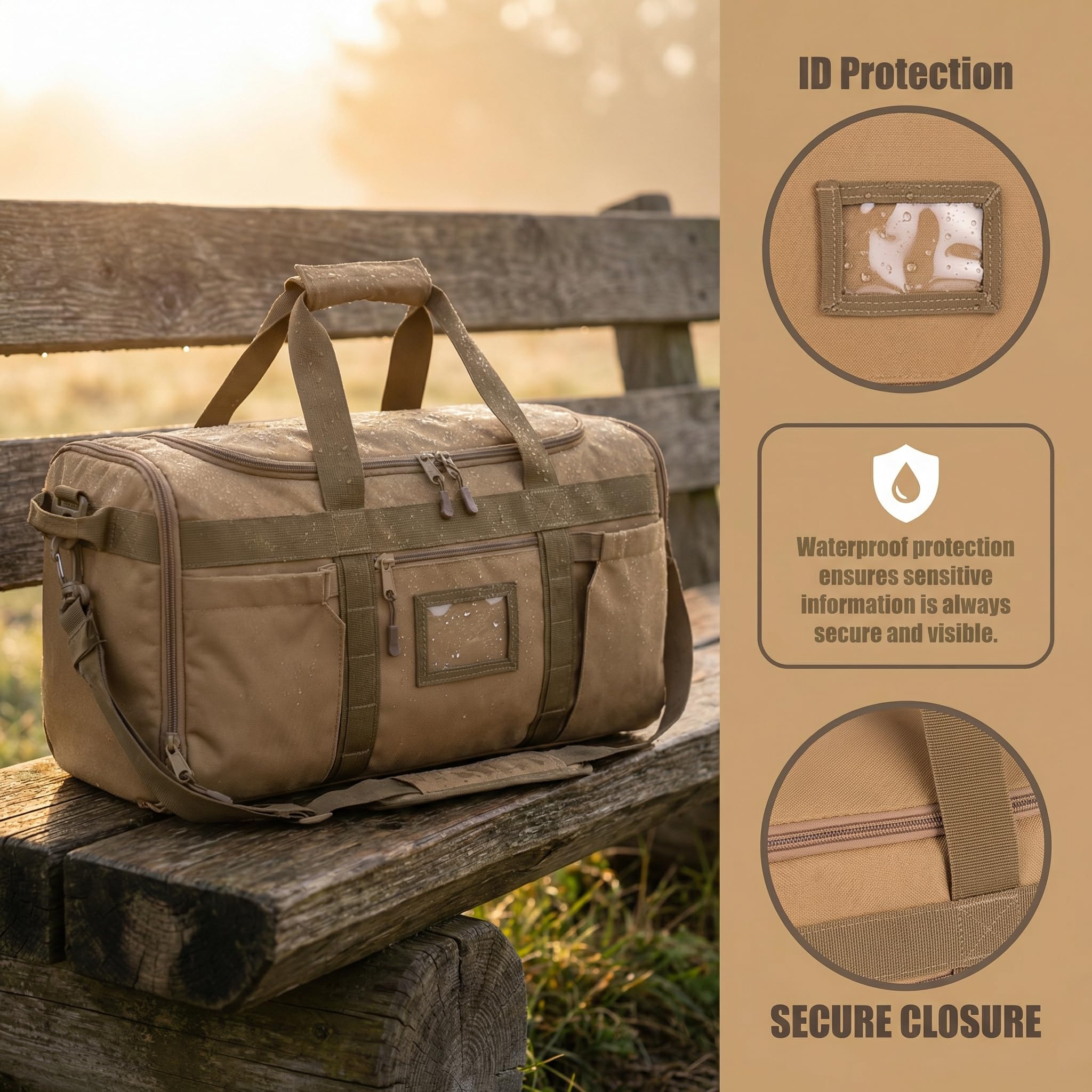 Taktische Reisetasche mit Schuhfach und MOLLE-Gurtband, multifunktionaler Sport-Turnbeutel für Männer und Frauen, 60 l Reise-Übernachtungs-Rucksack für die Arbeit, Khaki, Seesack