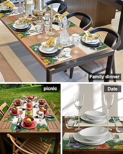 Miniatura 5 de Juego de 6 manteles individuales tejidos con bolsillo con plantas tropicales, lavables, hojas de palmera de verano, pájaros florales, pájaros,