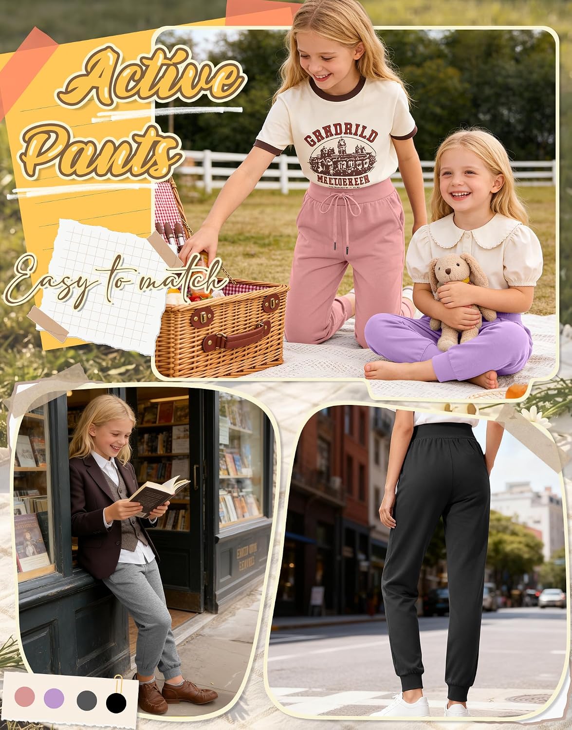 4 Pack Girls Joggers Sweatpants 5-14Y Casual Drawstring Elastic High Wide Waist Baggy Athletic Pants with Pockets