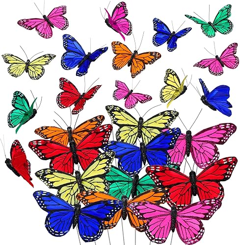 Miniatura 9 de 24 piezas de decoraciones de mariposa monarca de 4 tamaños, plumas de monarca artificiales, púas de mariposa falsas, manualidades con alambre