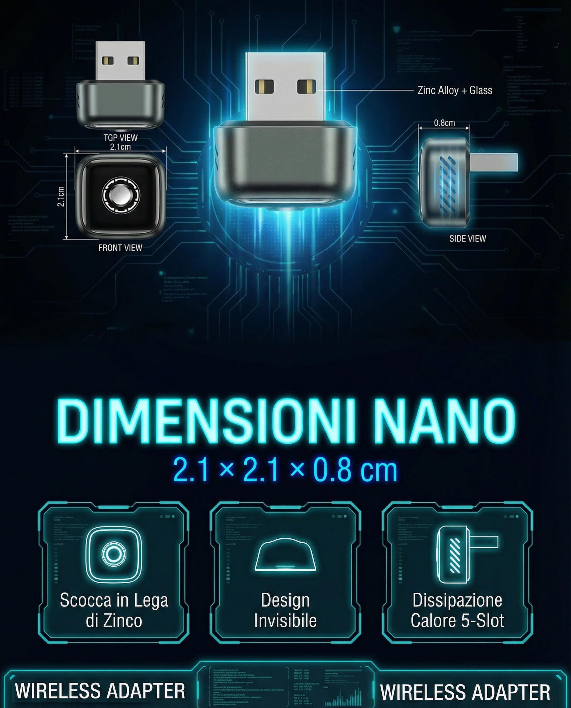 NUOVO 2026 Adattatore CarPlay Wireless & Android Auto 2-in-1, Dongle Mini Wi-Fi 5.8GHz, Corpo in Metallo Dissipante, Funzione One-Click opzionale, Adattatore USB-C Incluso