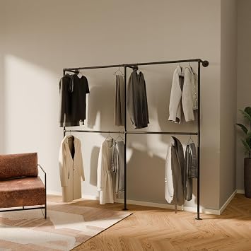 pamo Wall Mounted Clothes Rack Double Rod Industrial Pipe Clothing Rack | Black | 79.13 in Wide, 75.98 in Tall | 640 lbs Capacity | Assembly in 35 min | Powder Coated I Scratch-Resistant