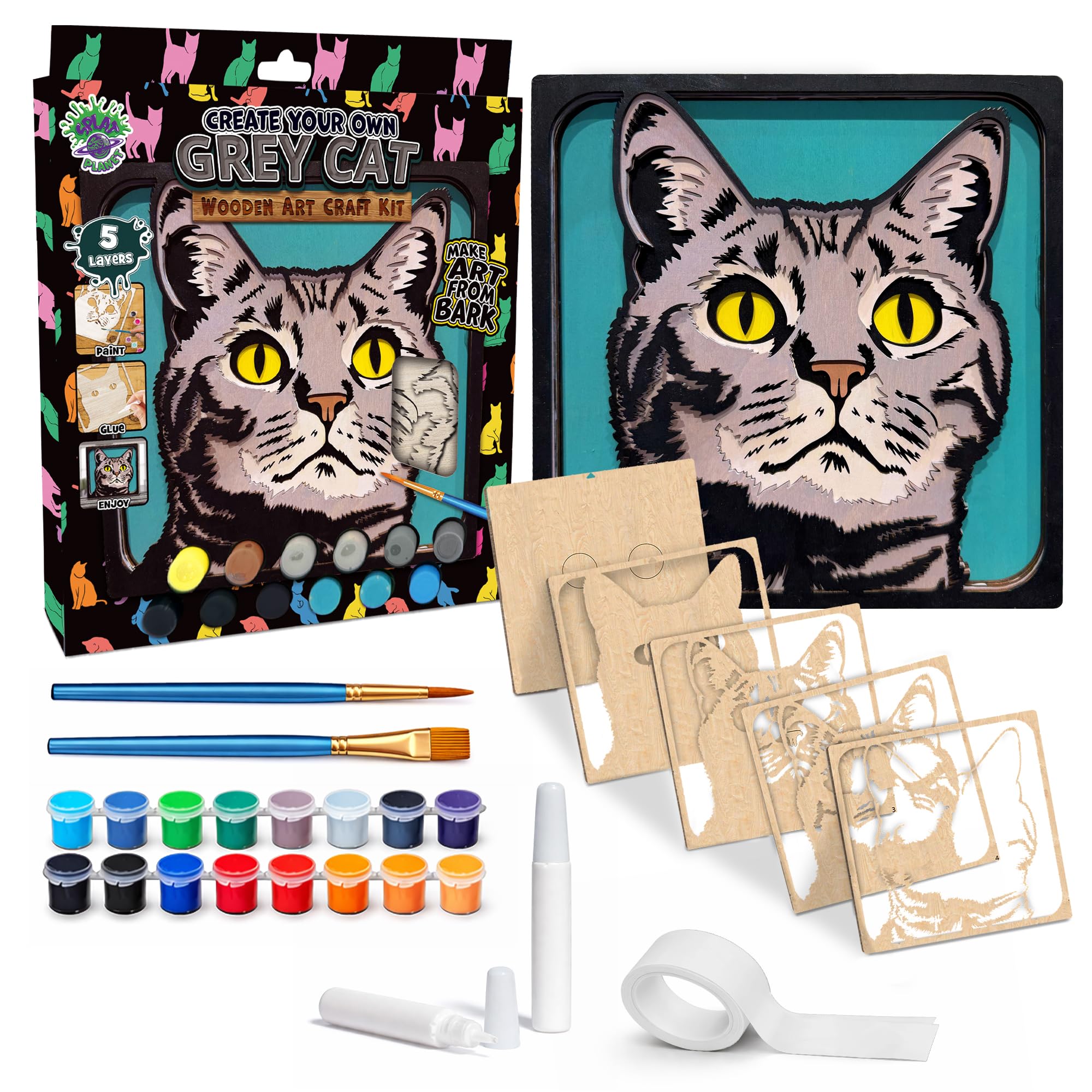Splat Planet – Grey Cat 3D Wooden Art Kit – Paint Your Own 3D Layered Wood Wall Art for Kids & Adults, DIY 3D Art Grey Cat Wood Painting Kit Wooden Art and Craft Gift Set, 25 x 25cm