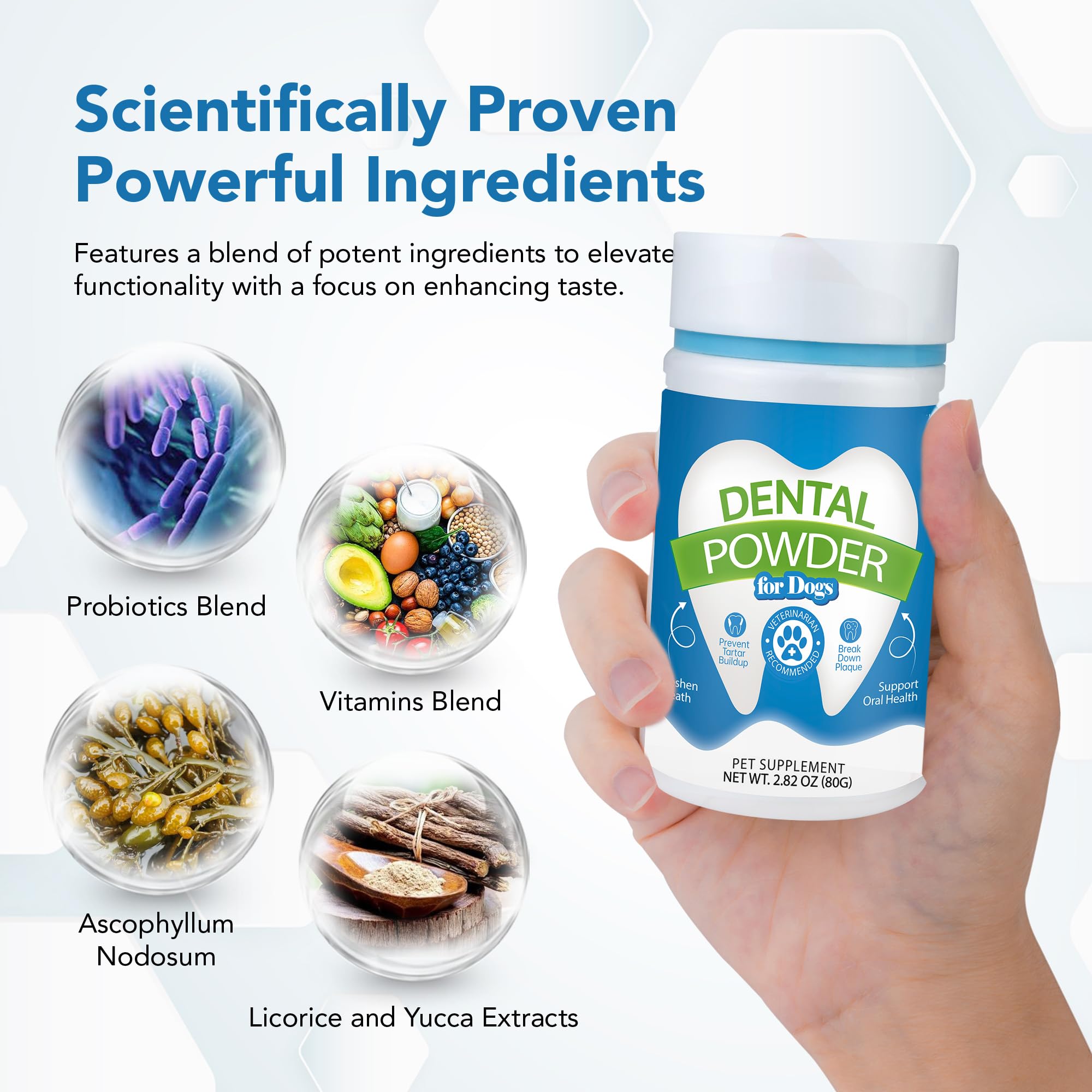 Polvo dental para perros y gatos, removedor de placa y sarro, ambientador de aliento con probióticos, vitaminas y extractos naturales, fácil cuidado dental para perros para todas las