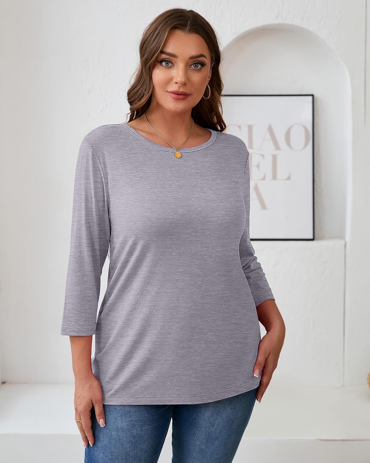 Ficerd 3 Pack Plus Size 3/4 Sleeve Tops for Women Round Neck T-Shirt Trendy Basic Tee Cozy Loose Blouse XL-5XL - Image 3