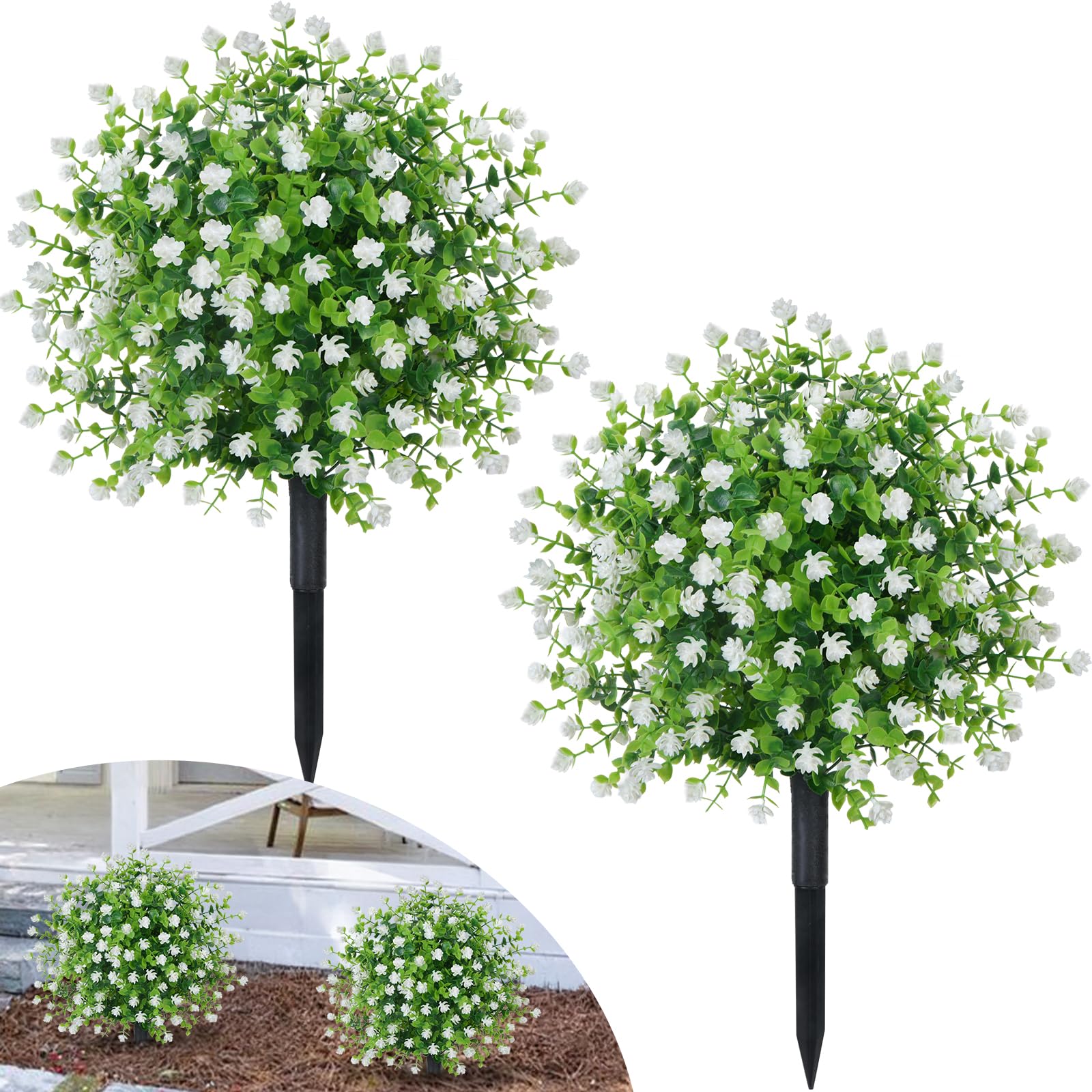 2Pcs Artificial Boxwood Topiary Balls Trees with Ground Spike 21.6inch
