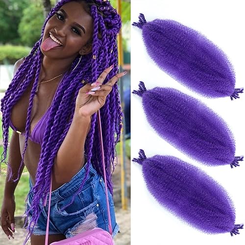 Cabello elástico afro torcido de 24 pulgadas, paquete de 3 trenzas de color púrpura, preesponjado, trenzado estilo marley para mujeres negras
