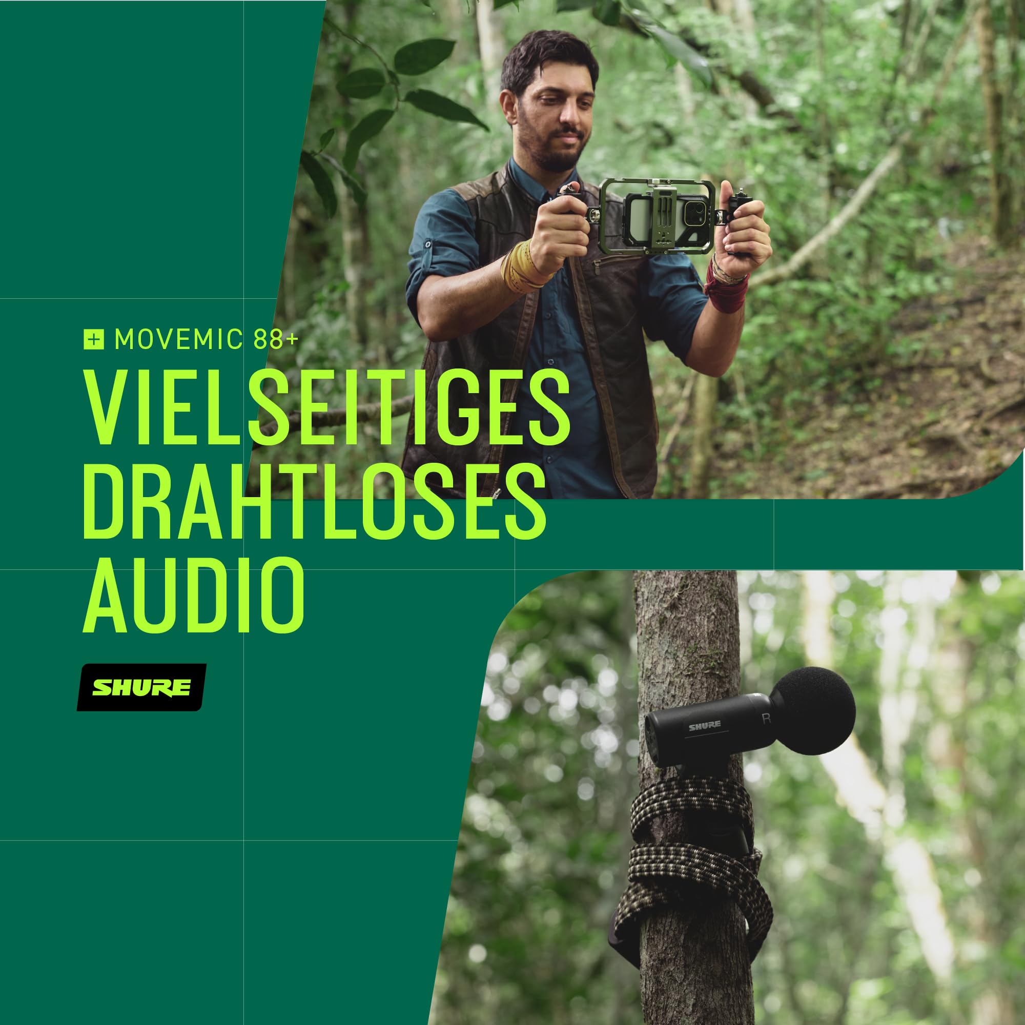 Shure MoveMic 88+ Drahtloses Mikrofon - Professioneller Audio-Recorder für Film-/Feld-Aufnahmen und Interviews, Stereo-Mikro 4 Richtcharakteristiken | Kompatibel mit iOS/Android über Motiv App