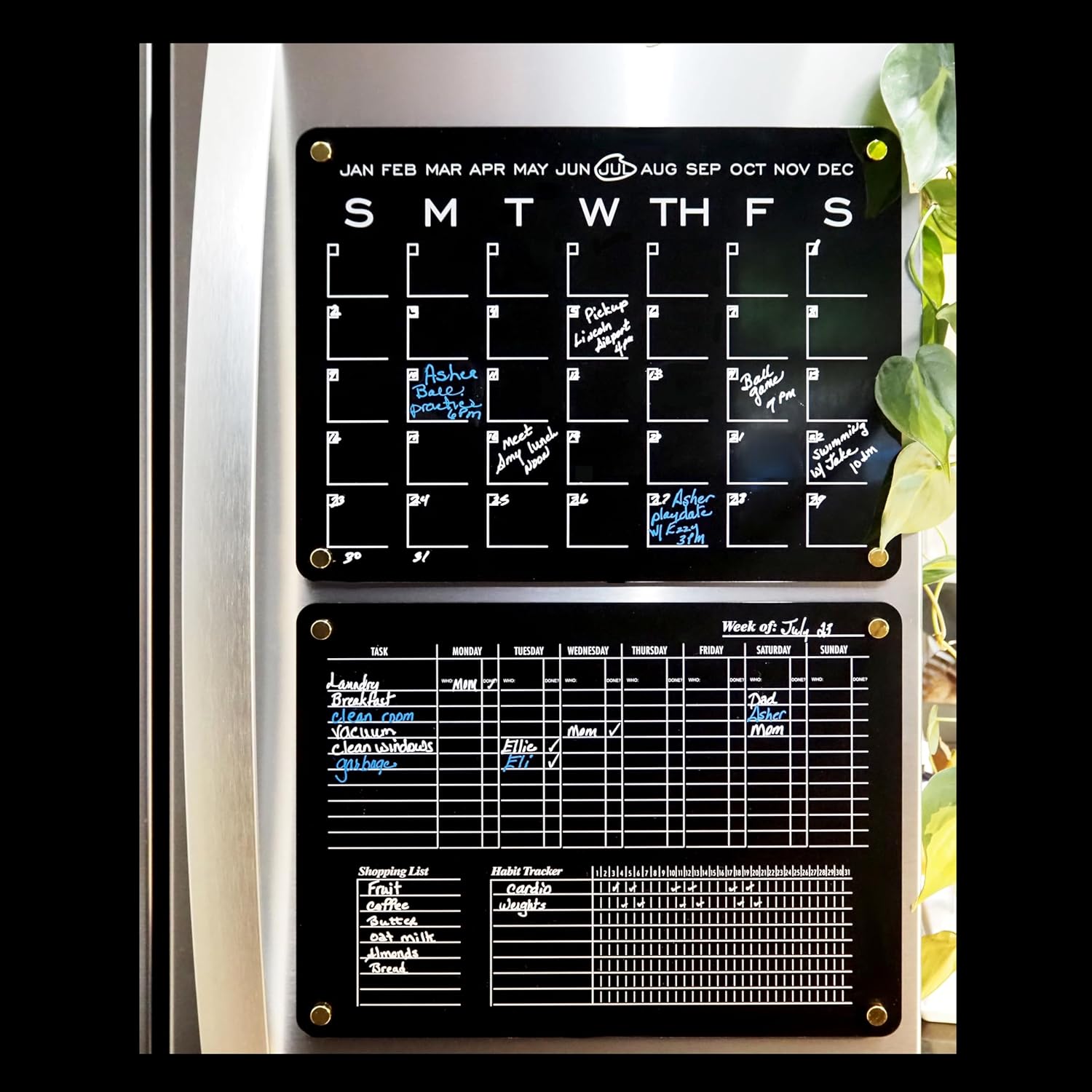 Elegant 14"x10.5" Magnetic Calendar for Refrigerator with a Weekly Planner and Task Organizer with Habit Tracker, and Clear Acrylic Pen Holder (Black)