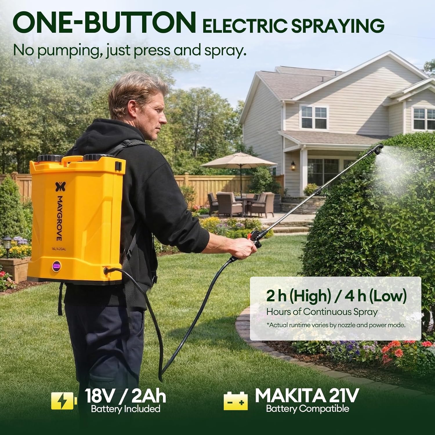 4.2 Gal Electric Backpack Sprayer, 2-4h of Continuous Spray, Equipped with Adjustable Wand & 5 Nozzles, Auto Spraying for Garden, Lawn Care, Fertilizing & Weed Control (Battery Included)