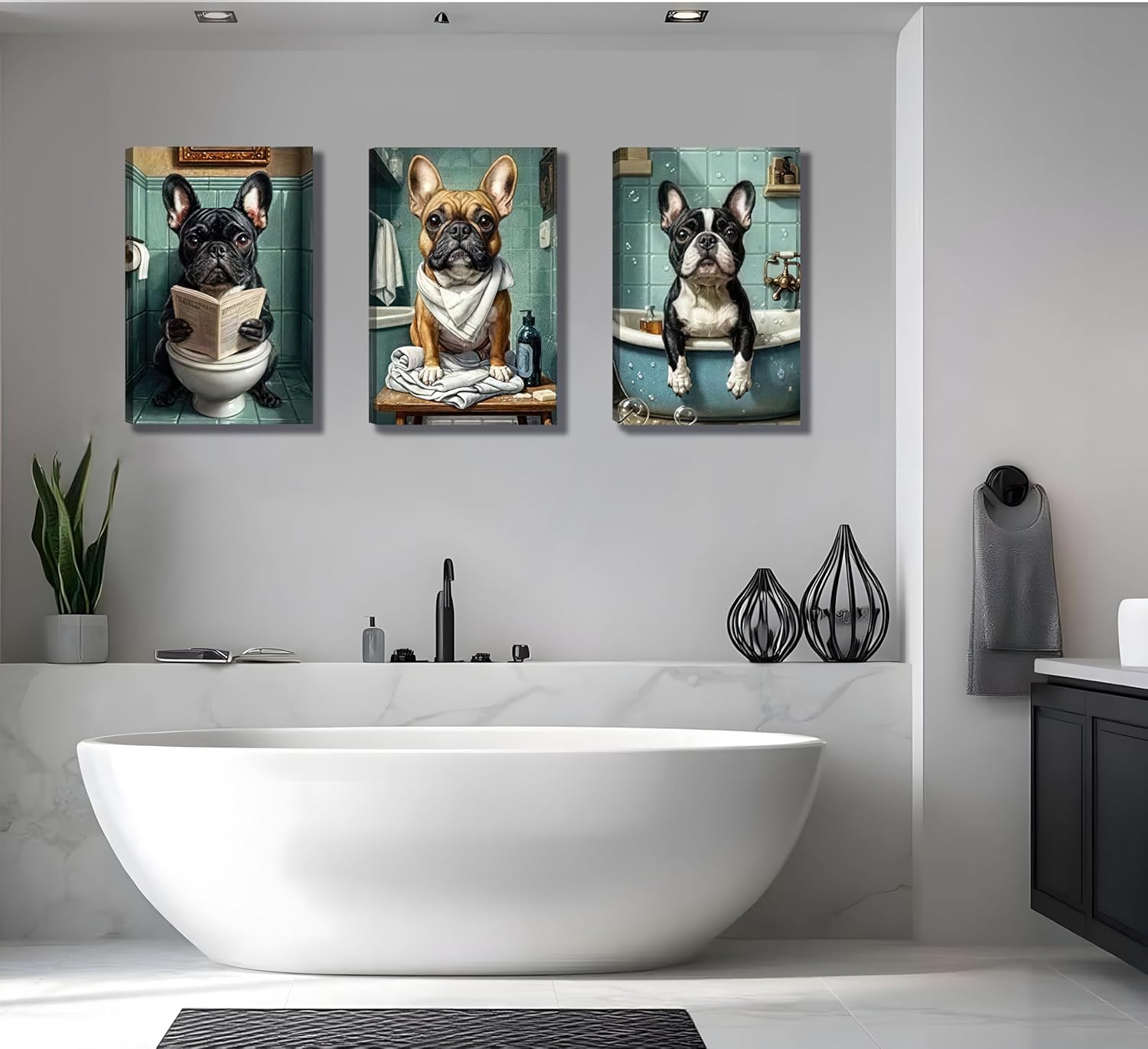 3pcs Framed Bathroom Dog Wall Art, Funny Animal Canvas Paintings Prints, French Bulldog Pictures Poster Artworkfor Lavatory Toilet Restroom Washroom Home Decortion.