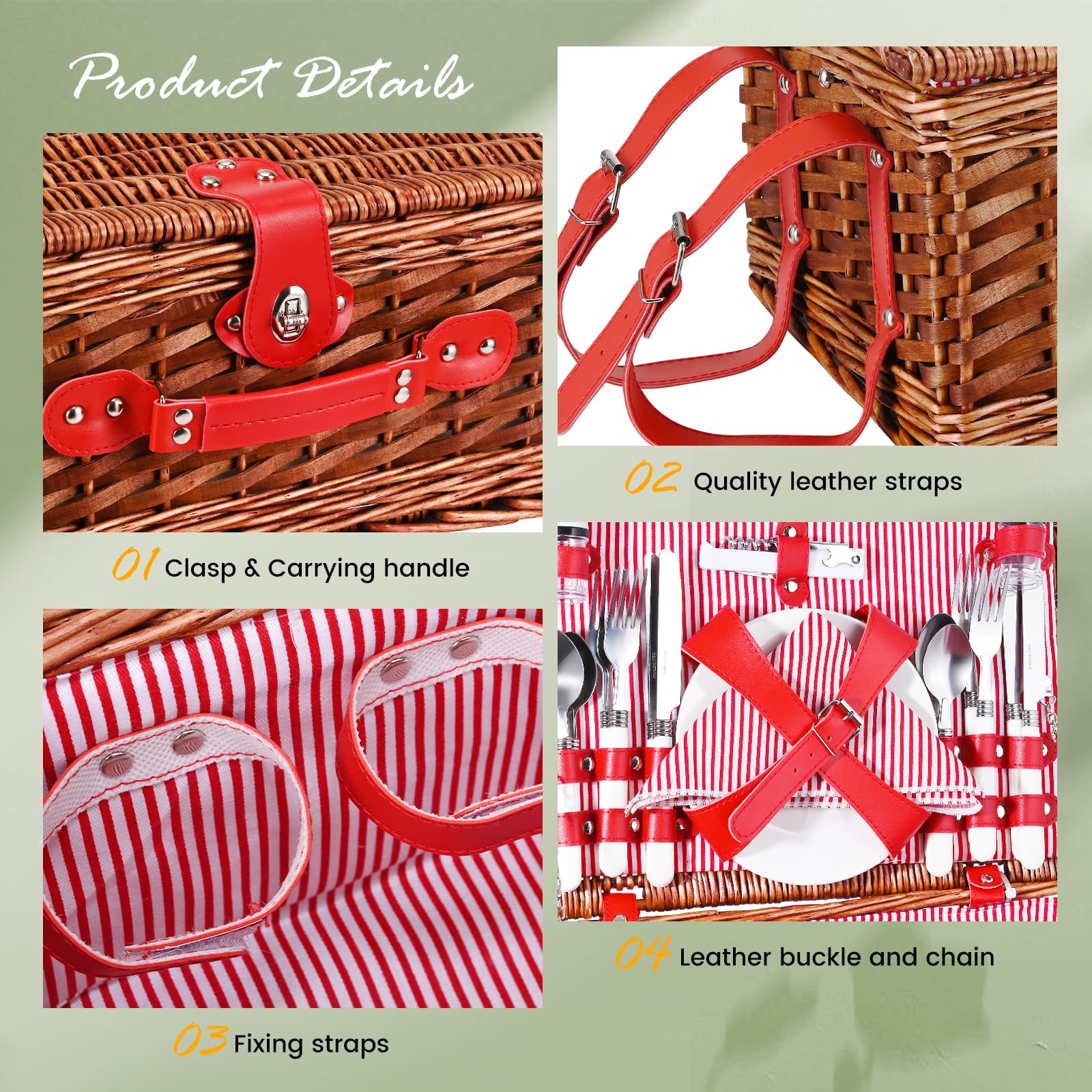 Cesta Picnic 4 Personas,Set de Picnic de Mimbre con Manta de Picnic Impermeable y Juego de Cubiertos, Cesta de Picnic para Camping,Rosa