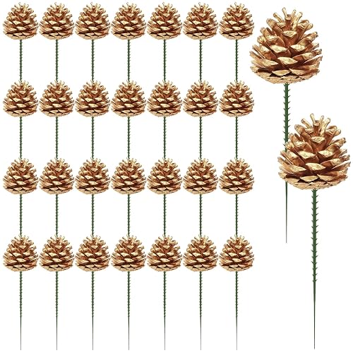 30Pcs Christmas Natural Pine Cones Picks, 3 Inch Golden Pine