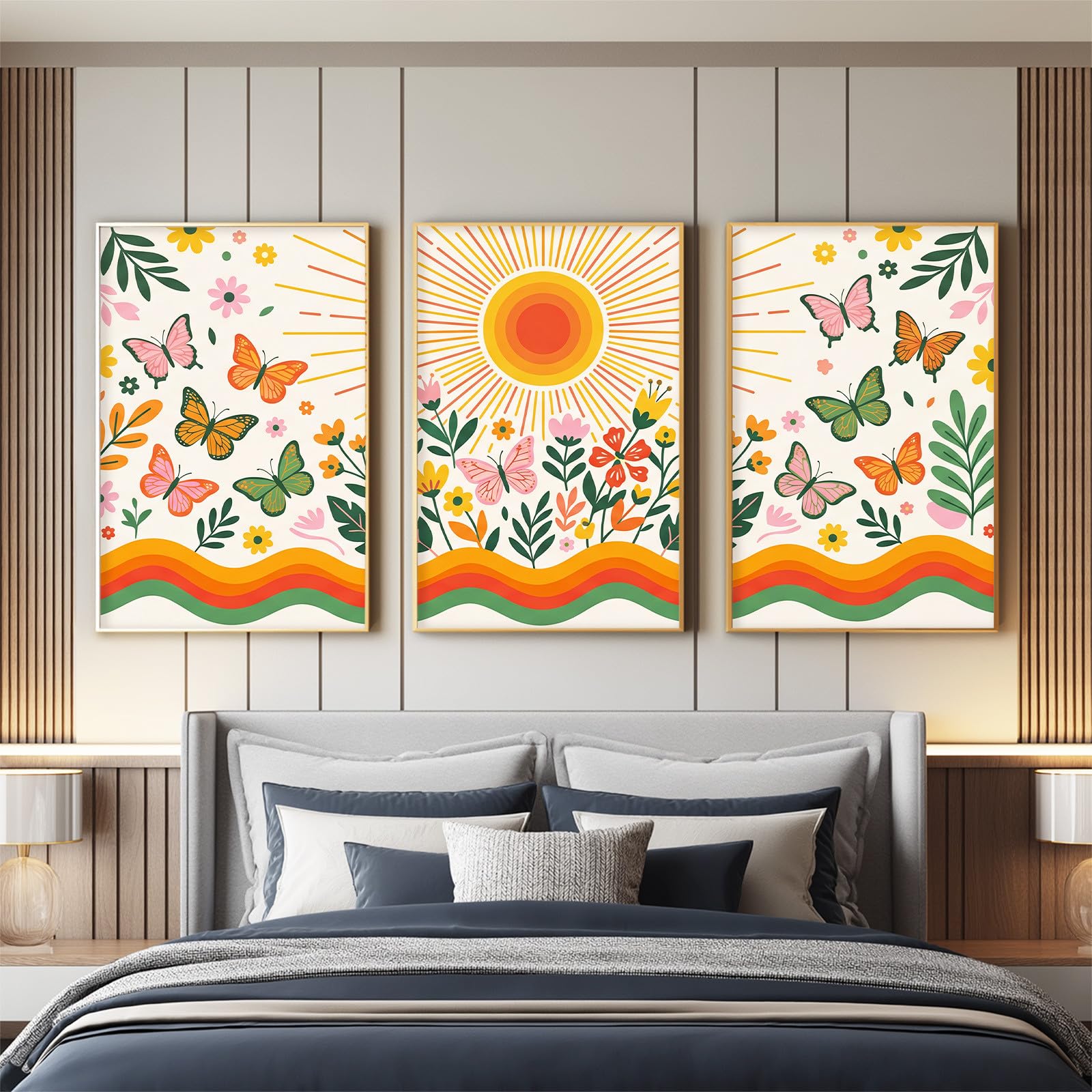 Generisch 3-teiliges Wandbild Leinwand Set 50 x 70, Ohne Rahmen Triptychon Ästhetische Kunstdrucke Vintage Verspielt für WohnzimmerSchlafzimmer, Botanisch Floral Zweig Schmetterling Sonne Regenbogen