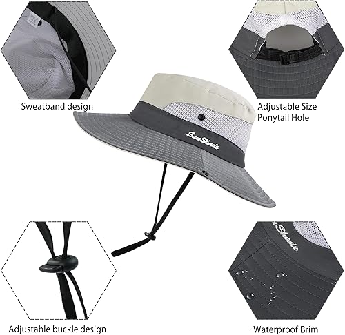 Miniatura 5 de Sombrero de sol para mujer con agujero para cola de caballo, sombrero de protección UV, plegable, malla ancha, sombrero de pesca para la playa para