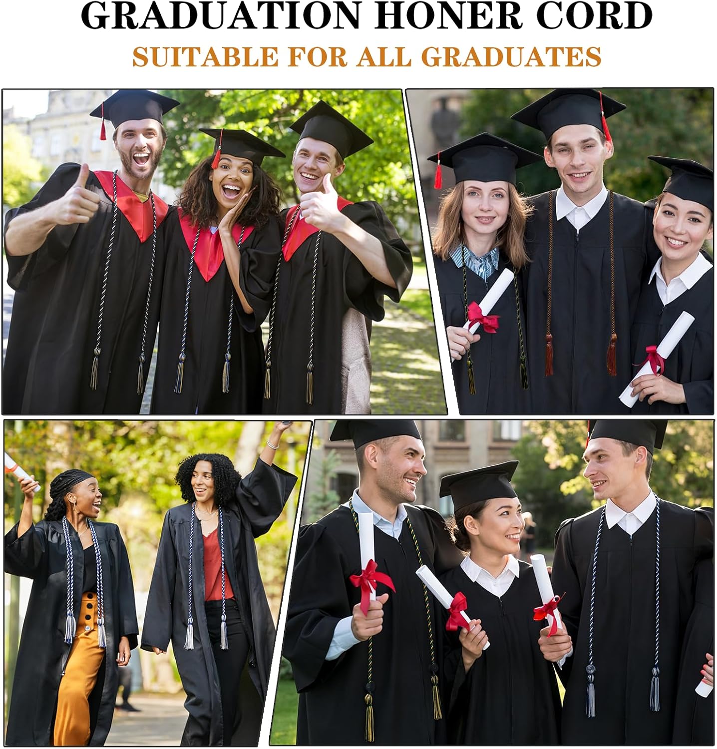 6Pcs Graduation Honor Cords Braided Graduation Cords with Tassel for High School Bachelor Master Doctor 68" Long (Black White)