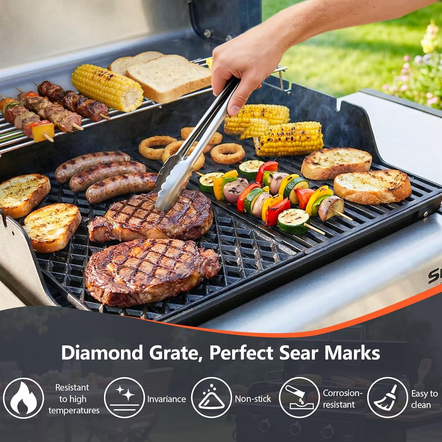 17.5" Dual Sided Diamond Sear Grill Grates for Weber Spirit 300/400 & Spirit II 300 Series, E/S-310 E/S-320 E/S-330, Spirit 700, Genesis Silver/Gold B/C, Porcelain Enameled Cast Iron Replacement Grate