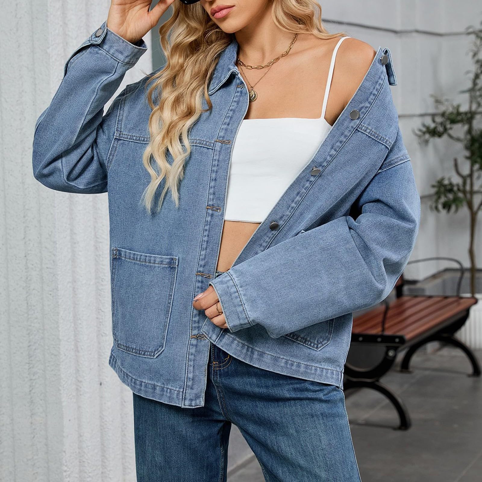Generisch Jeansjacke Damen Mit Knöpfen Übergangsjacke Langarm Mantel Jeans