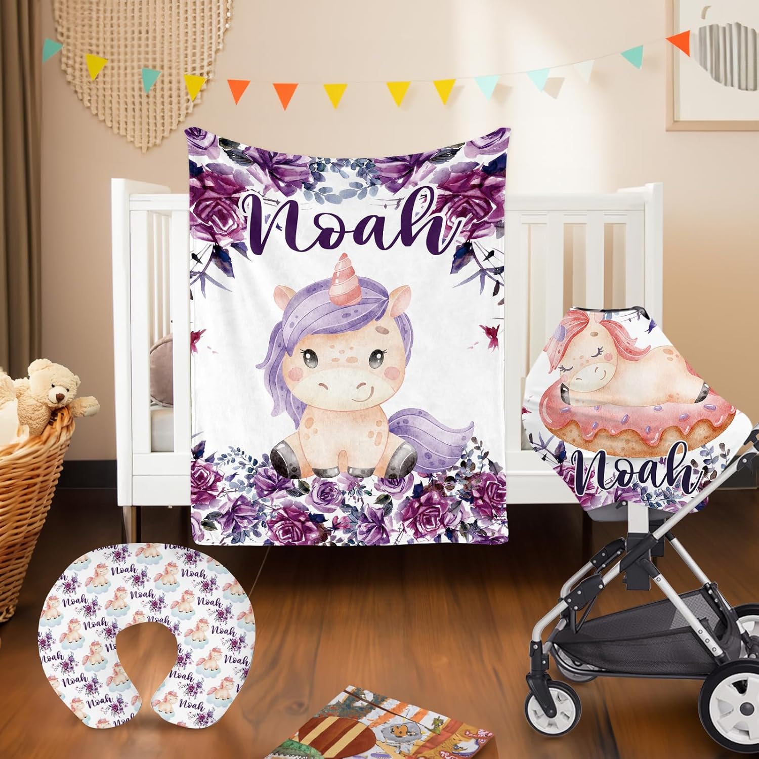 Personalized Name Baby Crib Bedding Set 3 Pieces: Custom Horse Crib Bedding Set with Nursing Pillowcase, Personalized Newborn Gift Purple Crib Sets for Infants